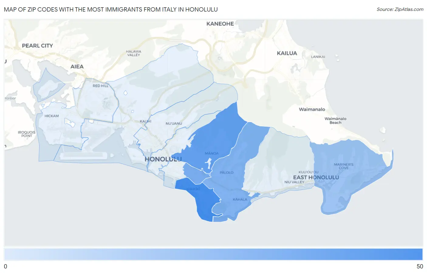 Zip Codes with the Most Immigrants from Italy in Honolulu Map
