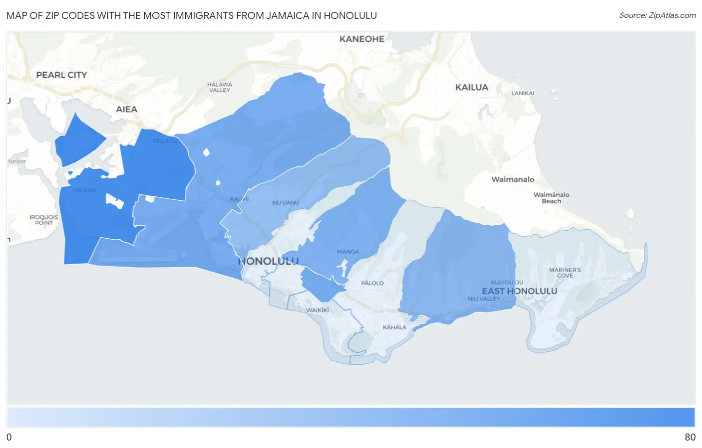 Zip Codes with the Most Immigrants from Jamaica in Honolulu Map
