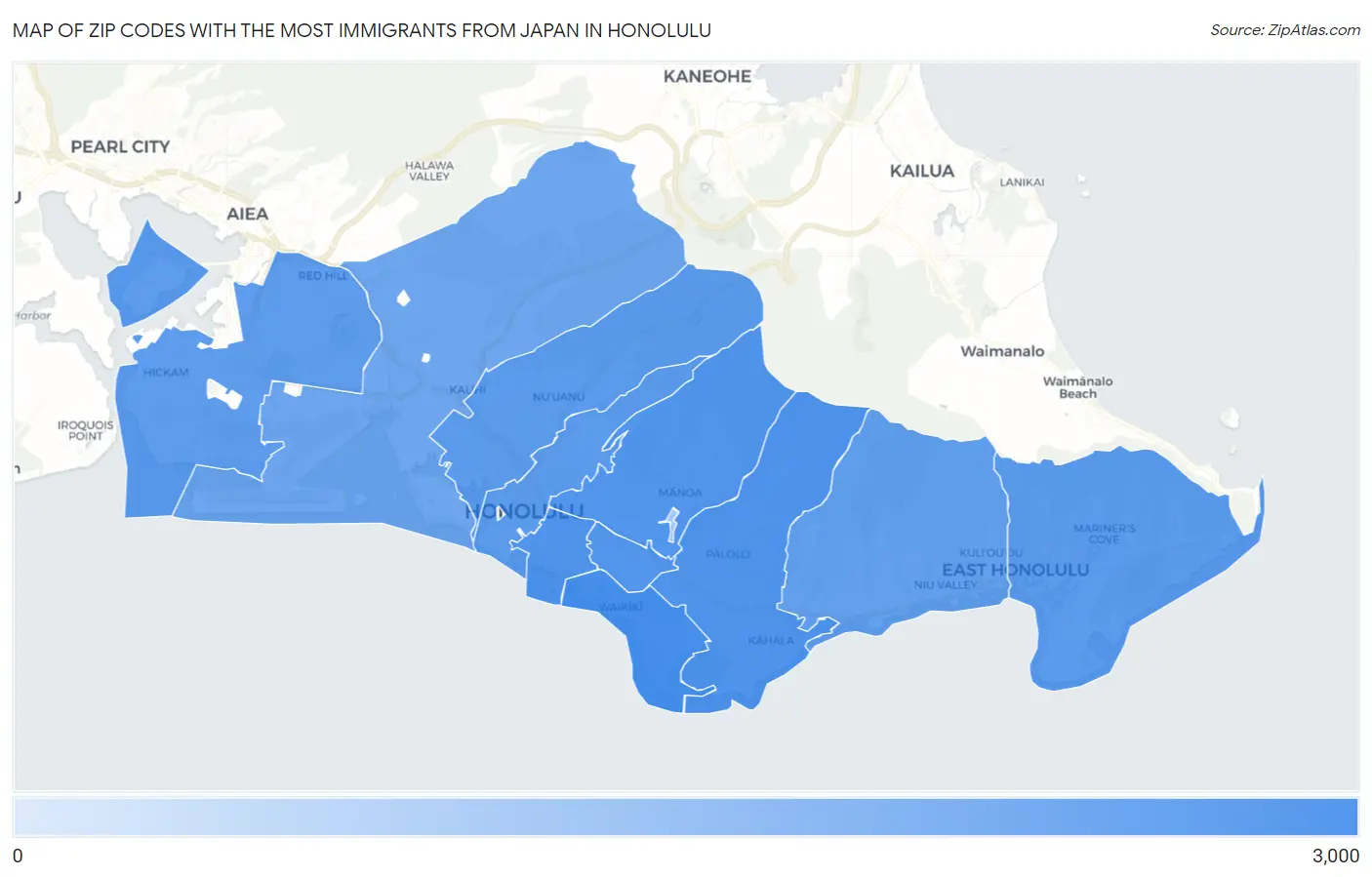 Zip Codes with the Most Immigrants from Japan in Honolulu Map