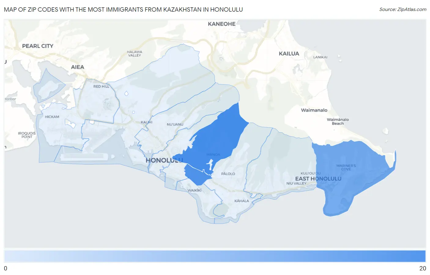 Zip Codes with the Most Immigrants from Kazakhstan in Honolulu Map
