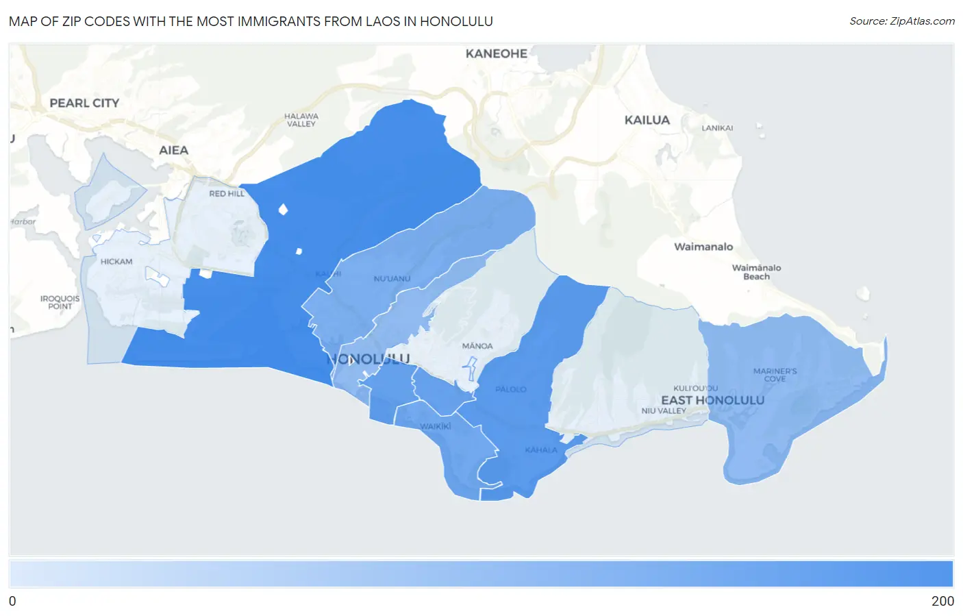 Zip Codes with the Most Immigrants from Laos in Honolulu Map