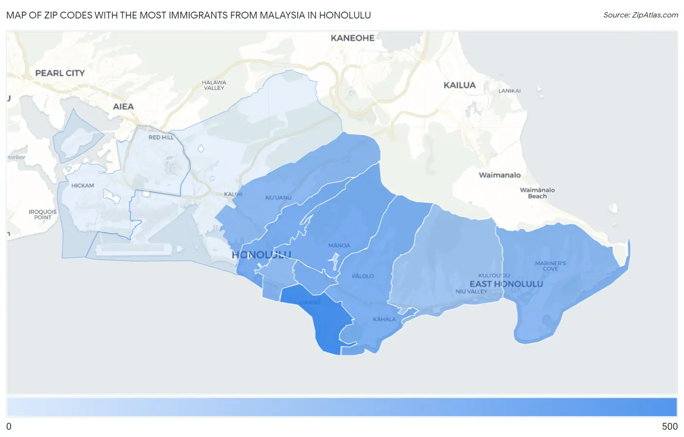 Zip Codes with the Most Immigrants from Malaysia in Honolulu Map