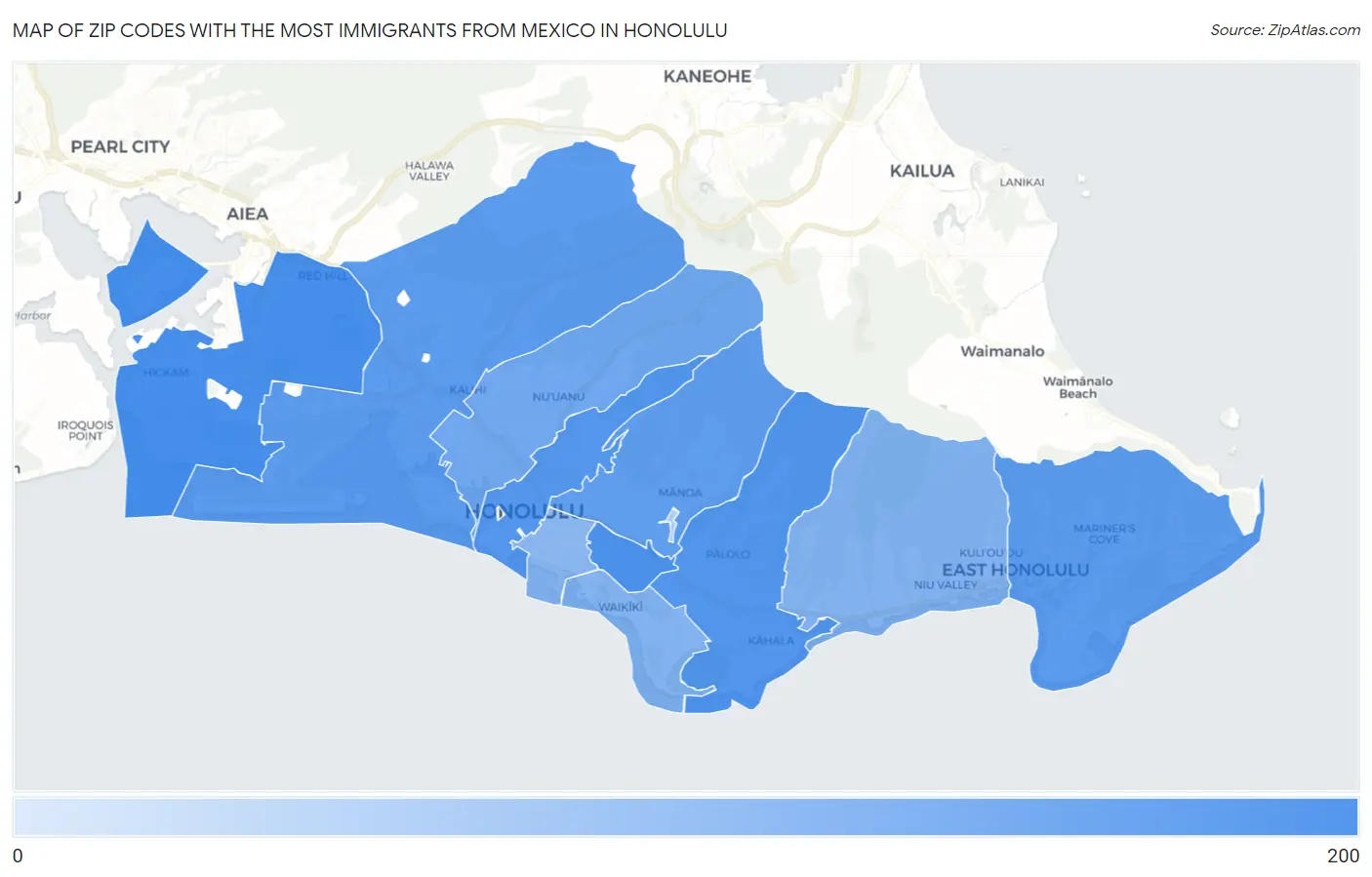 Zip Codes with the Most Immigrants from Mexico in Honolulu Map