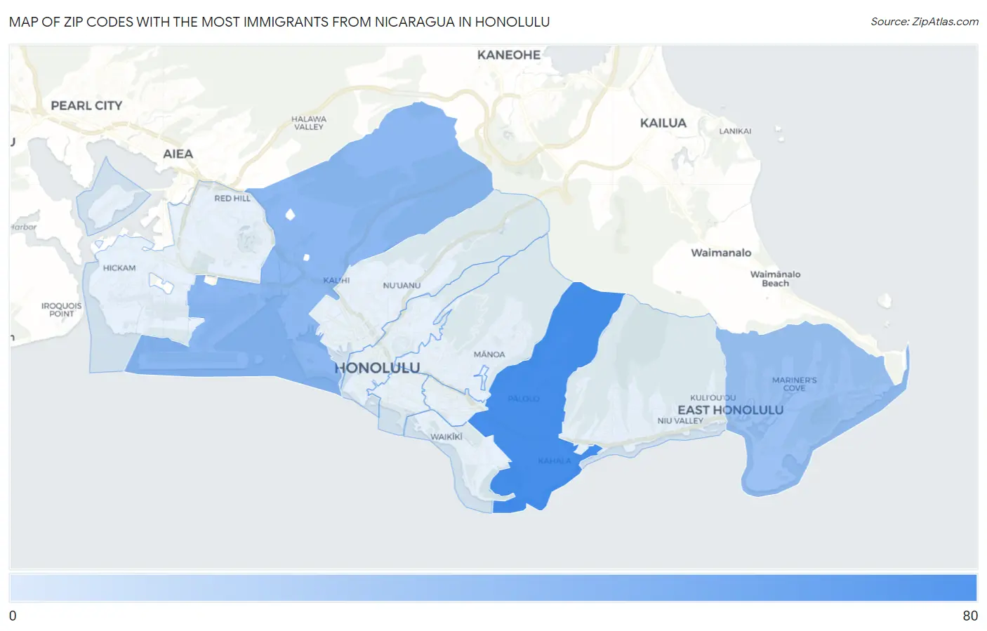 Zip Codes with the Most Immigrants from Nicaragua in Honolulu Map