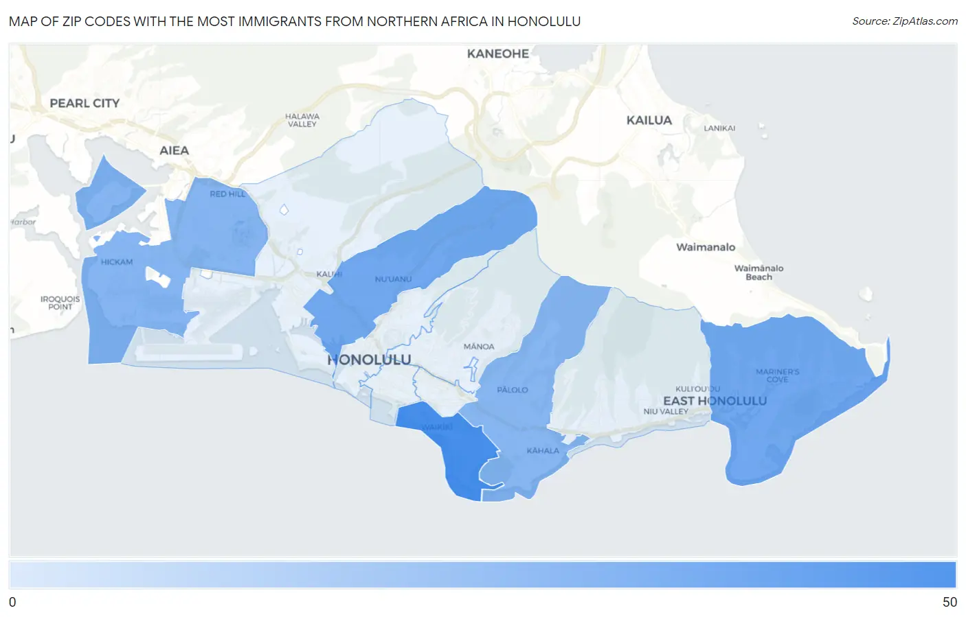 Zip Codes with the Most Immigrants from Northern Africa in Honolulu Map