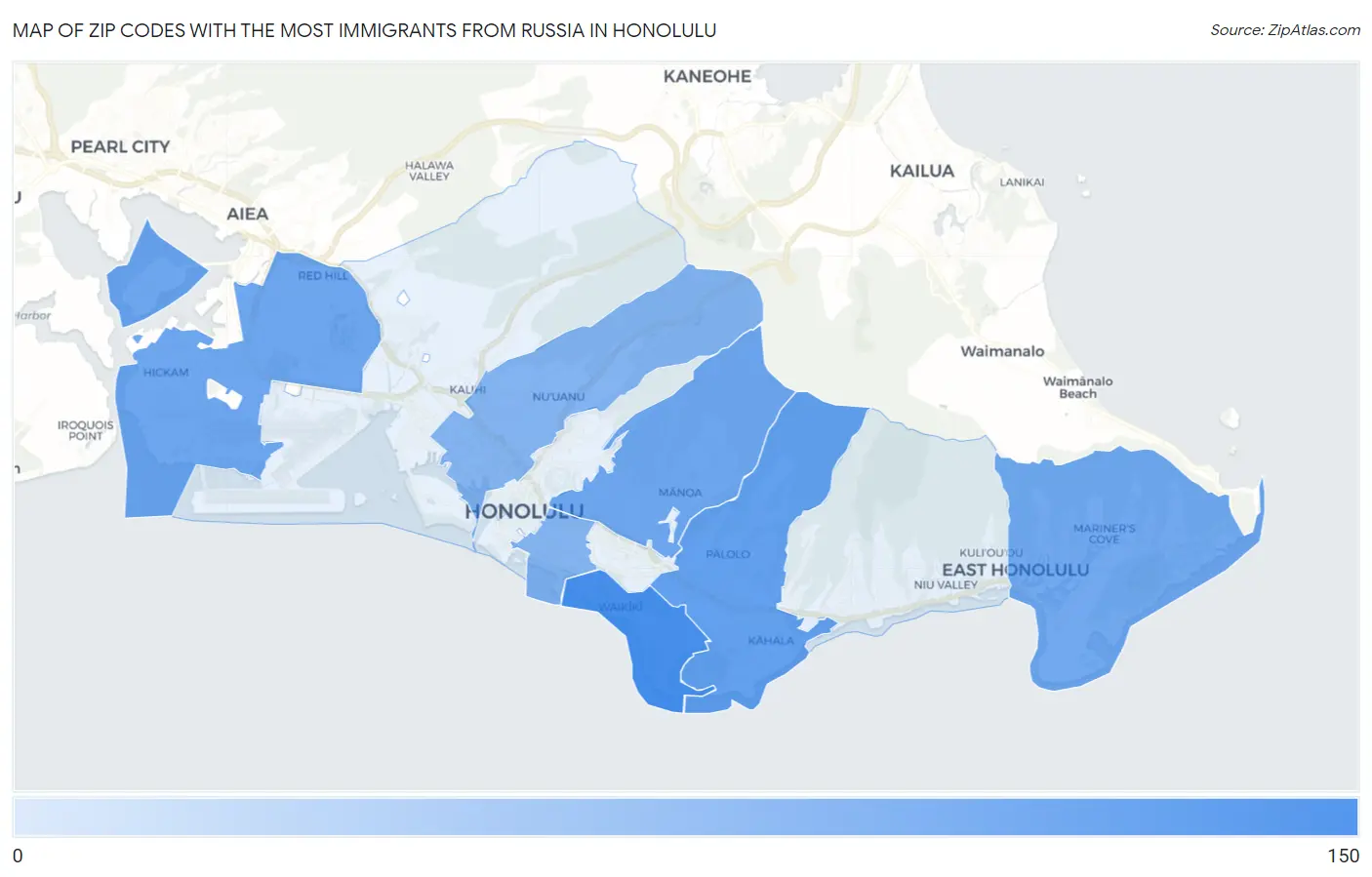 Zip Codes with the Most Immigrants from Russia in Honolulu Map