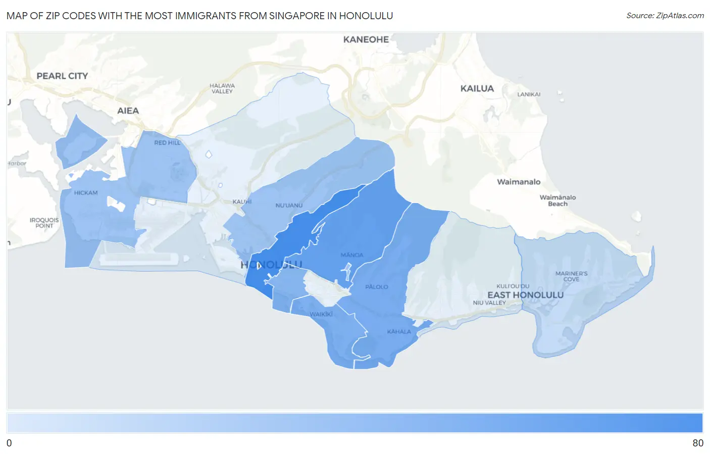 Zip Codes with the Most Immigrants from Singapore in Honolulu Map