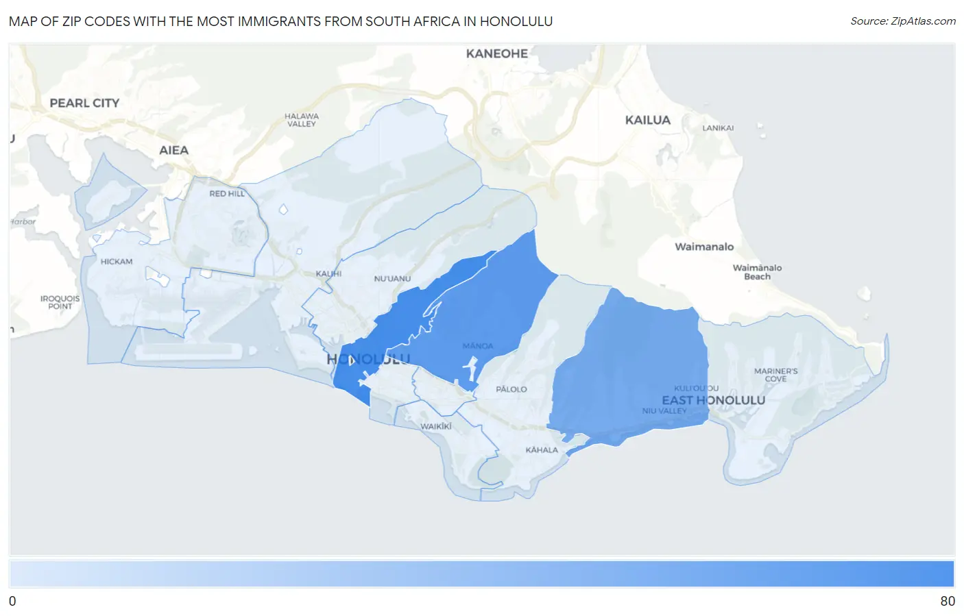 Zip Codes with the Most Immigrants from South Africa in Honolulu Map