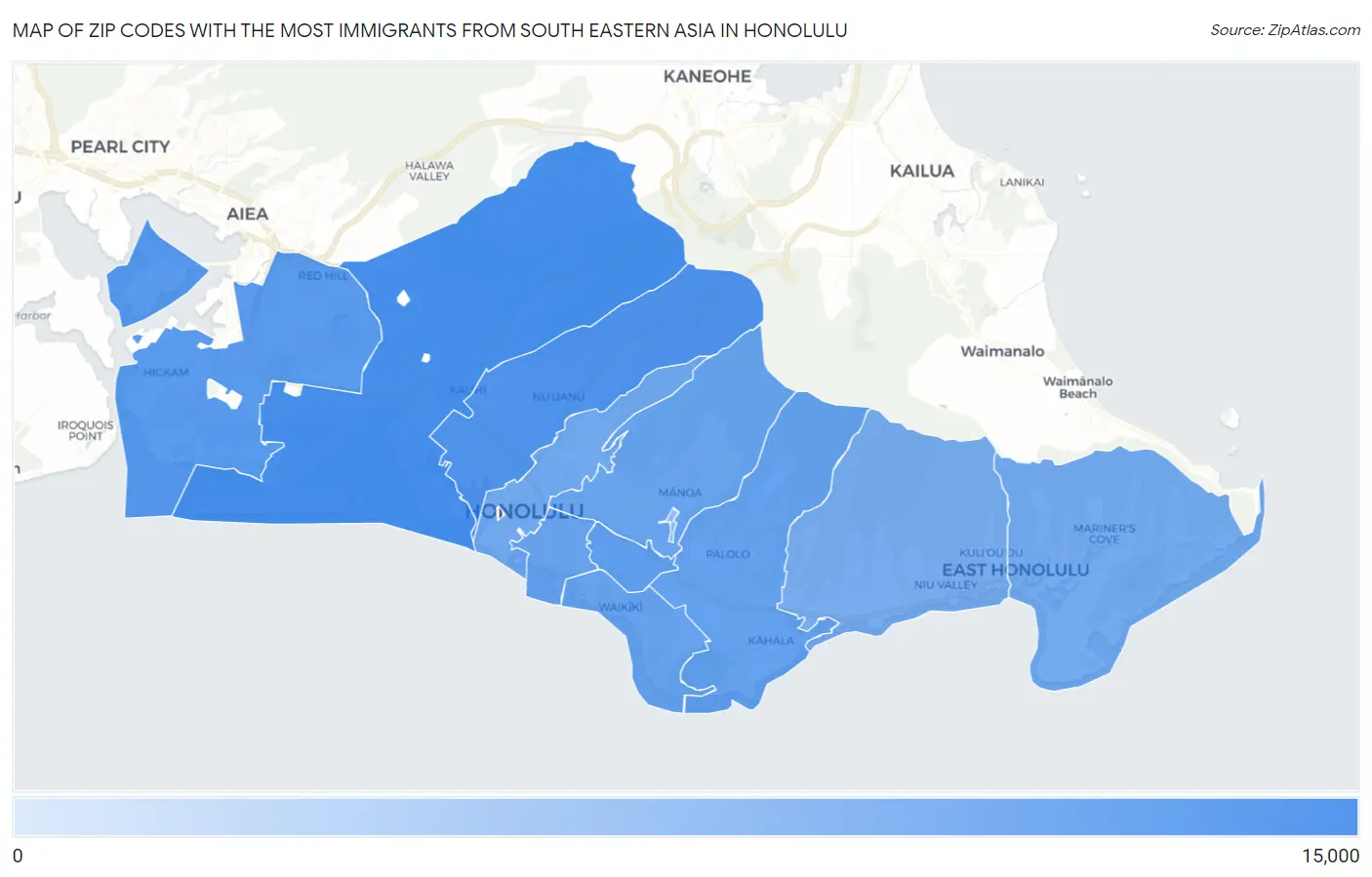 Zip Codes with the Most Immigrants from South Eastern Asia in Honolulu Map
