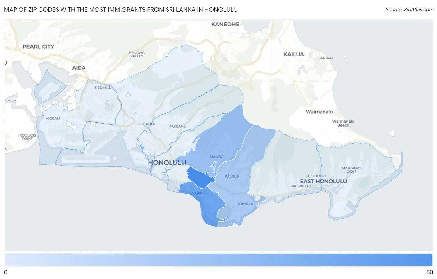 Zip Codes with the Most Immigrants from Sri Lanka in Honolulu Map