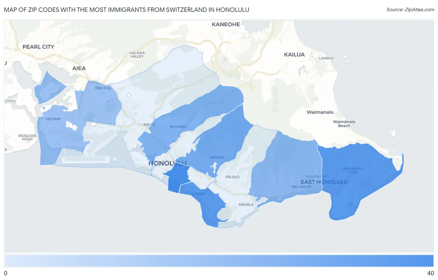 Zip Codes with the Most Immigrants from Switzerland in Honolulu Map