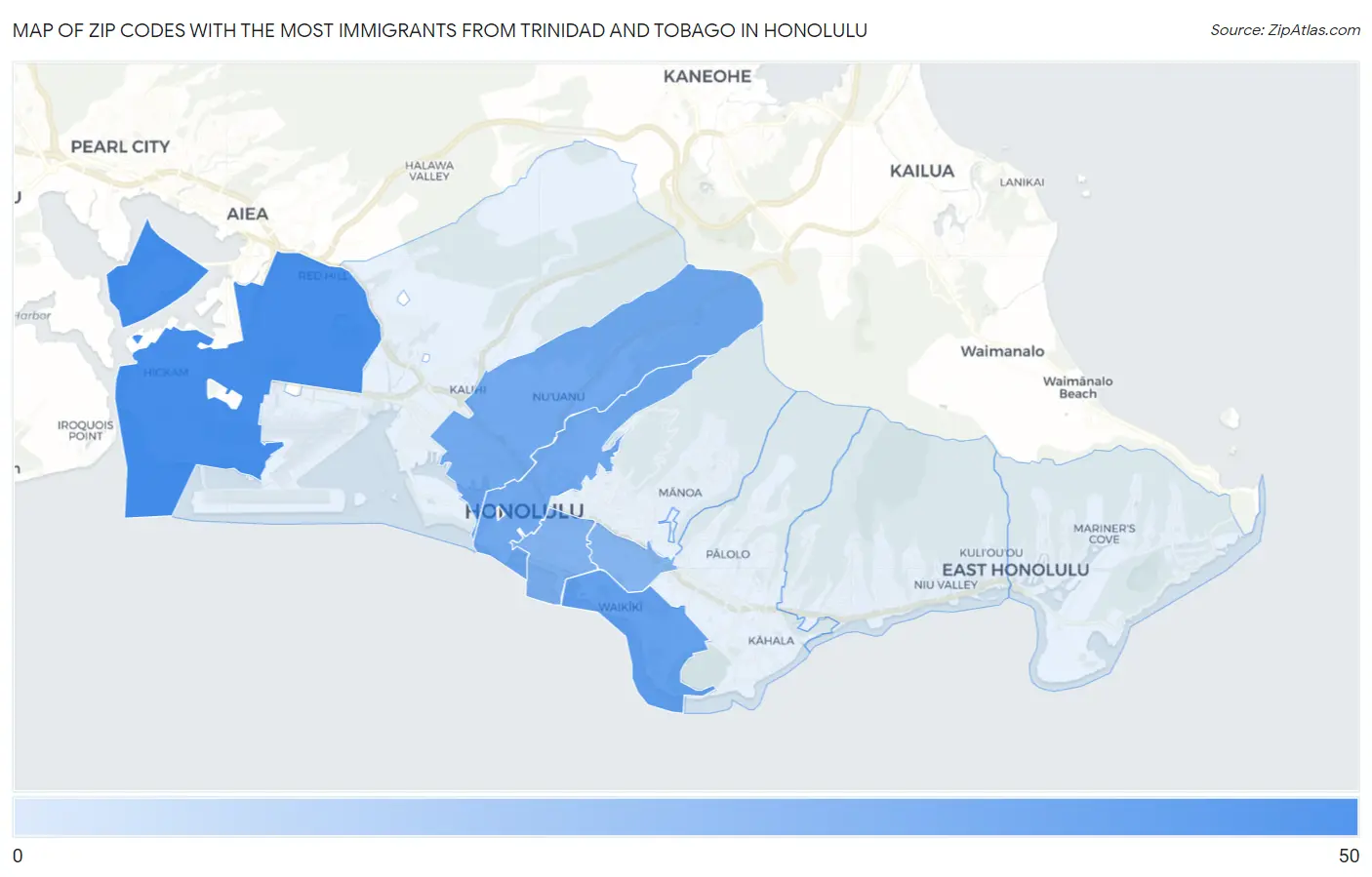 Zip Codes with the Most Immigrants from Trinidad and Tobago in Honolulu Map