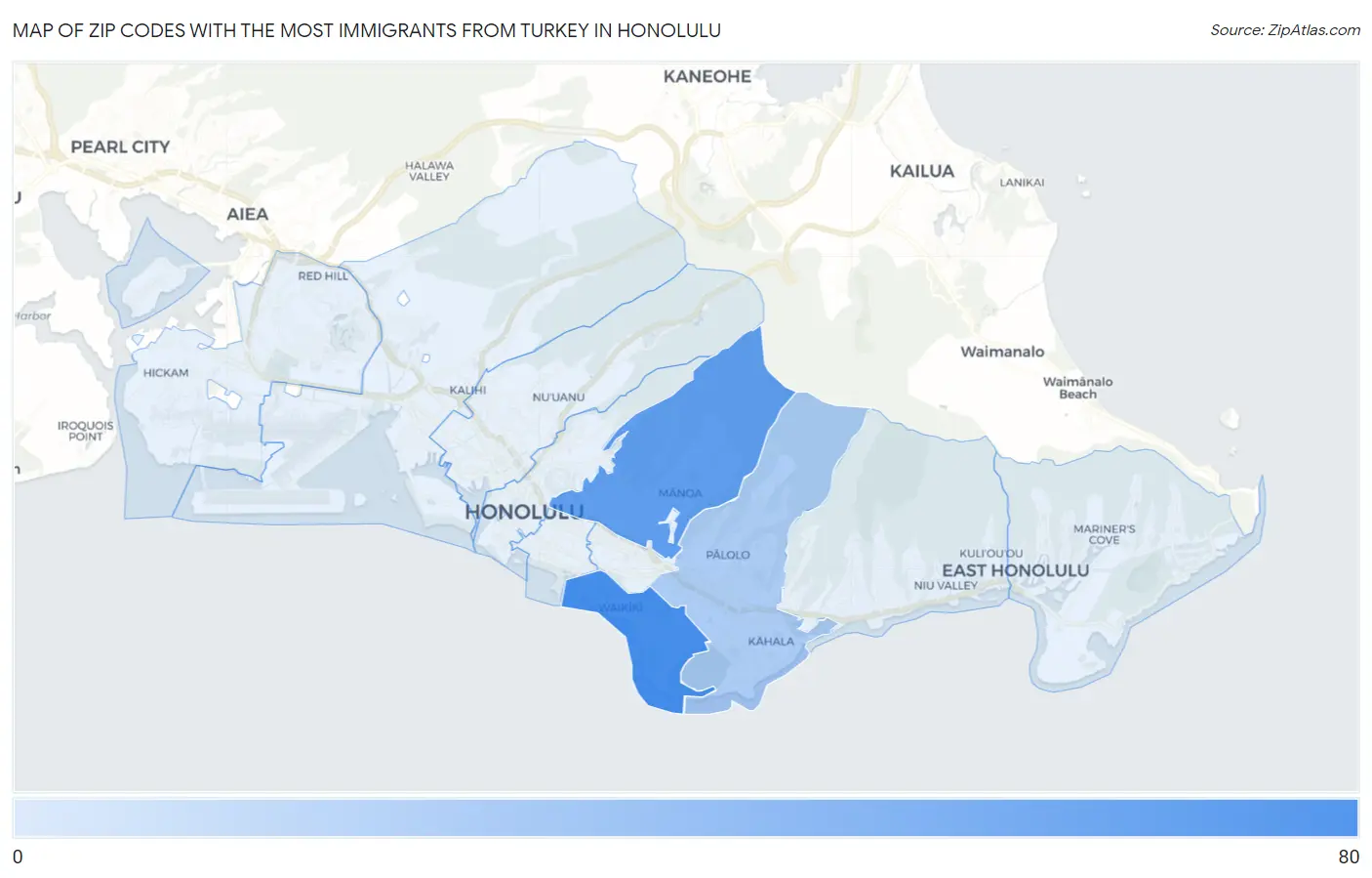 Zip Codes with the Most Immigrants from Turkey in Honolulu Map