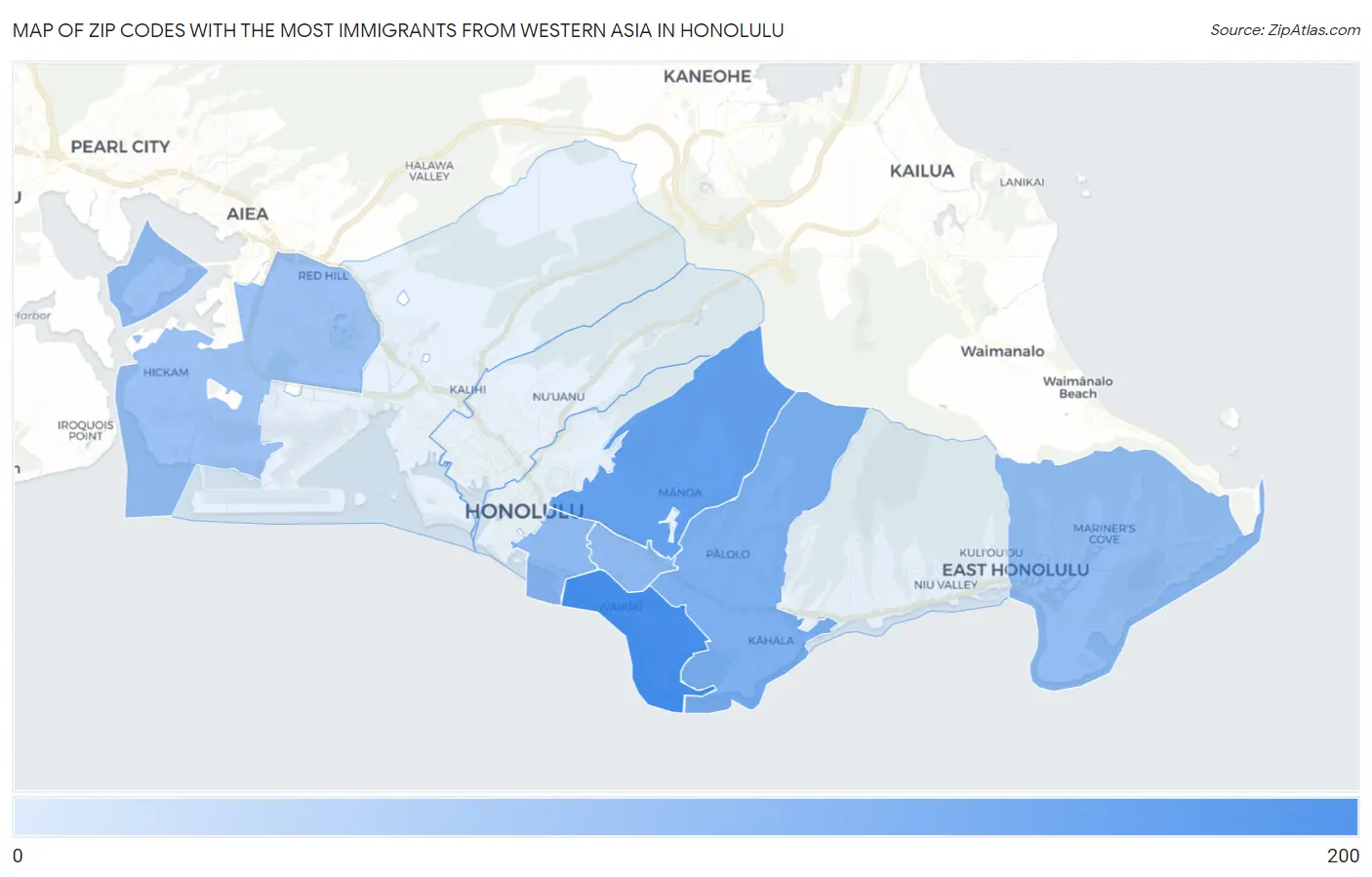 Zip Codes with the Most Immigrants from Western Asia in Honolulu Map