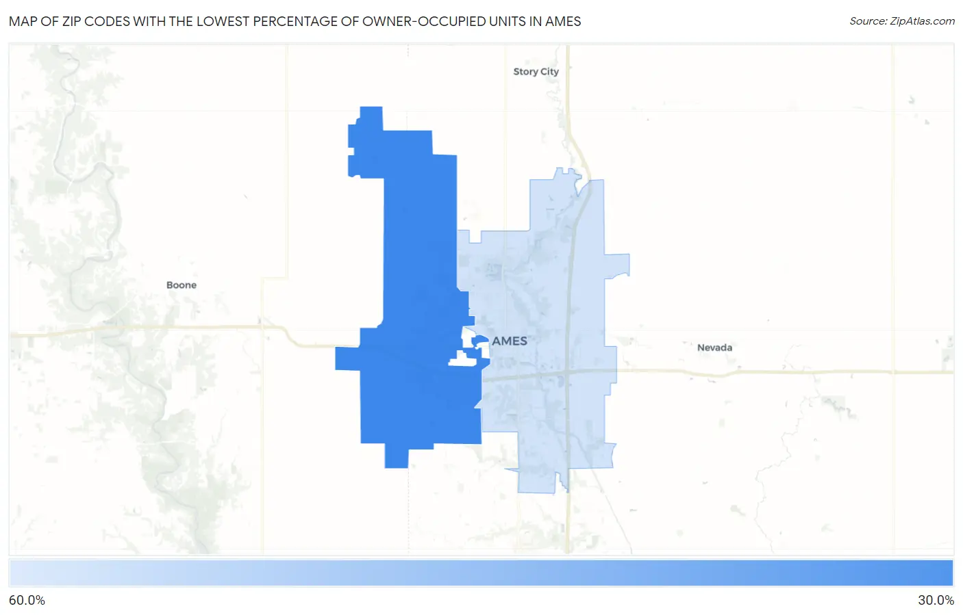 Zip Codes with the Lowest Percentage of Owner-Occupied Units in Ames Map