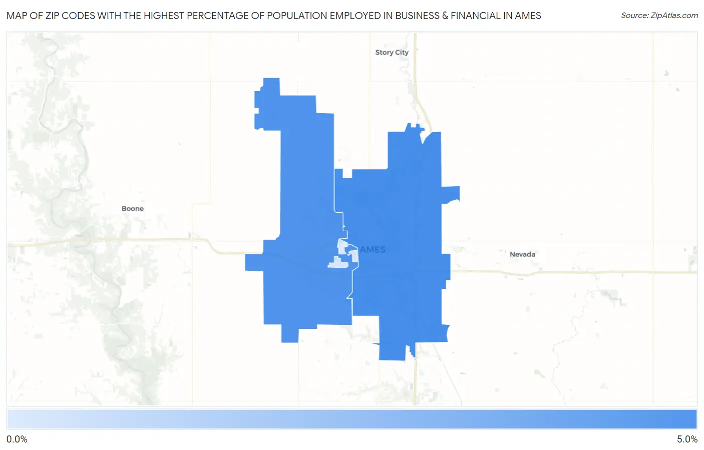 Zip Codes with the Highest Percentage of Population Employed in Business & Financial in Ames Map