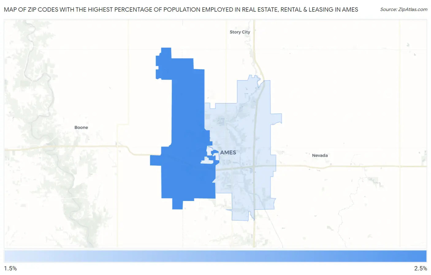 Zip Codes with the Highest Percentage of Population Employed in Real Estate, Rental & Leasing in Ames Map