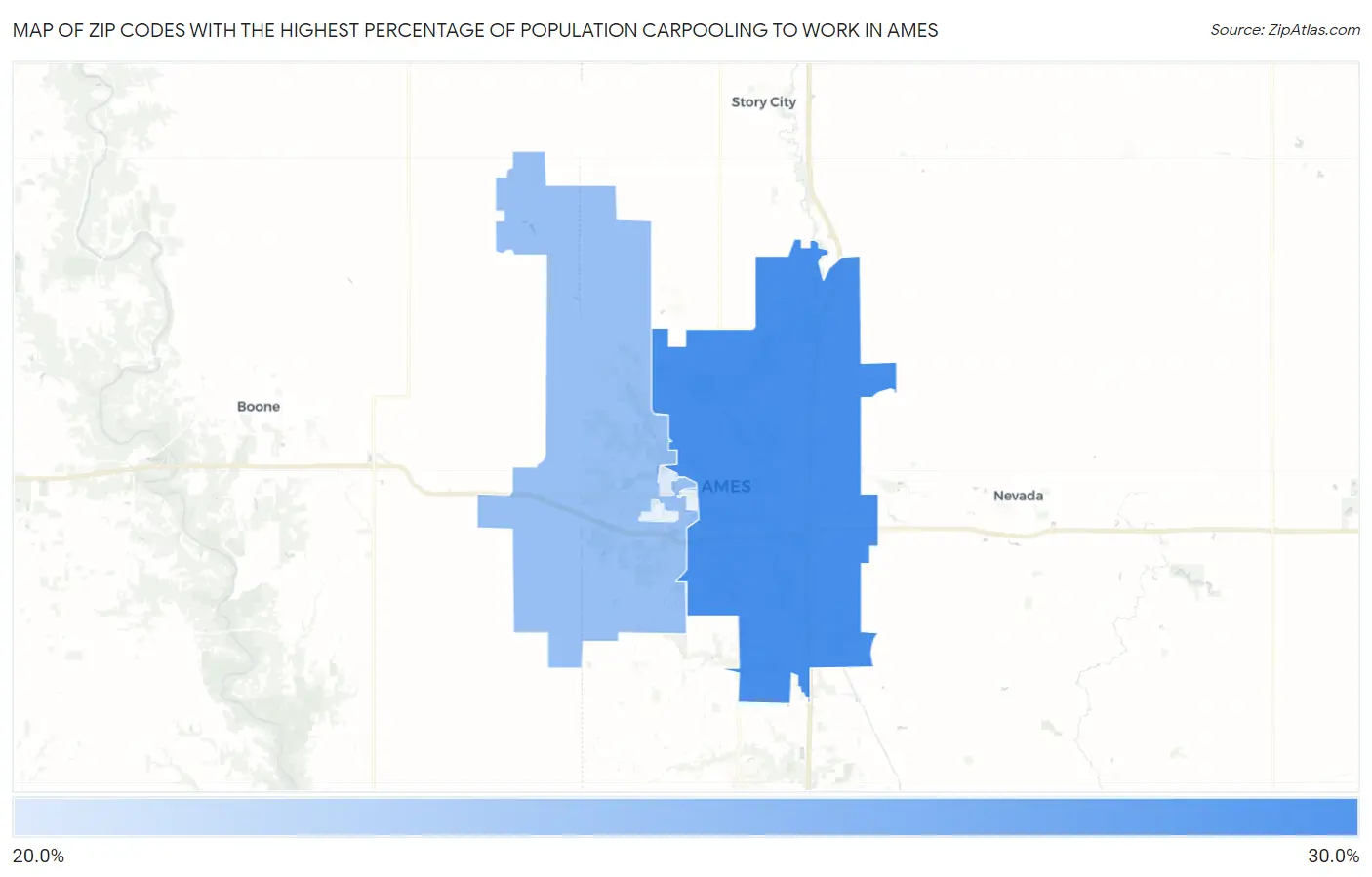 Zip Codes with the Highest Percentage of Population Carpooling to Work in Ames Map