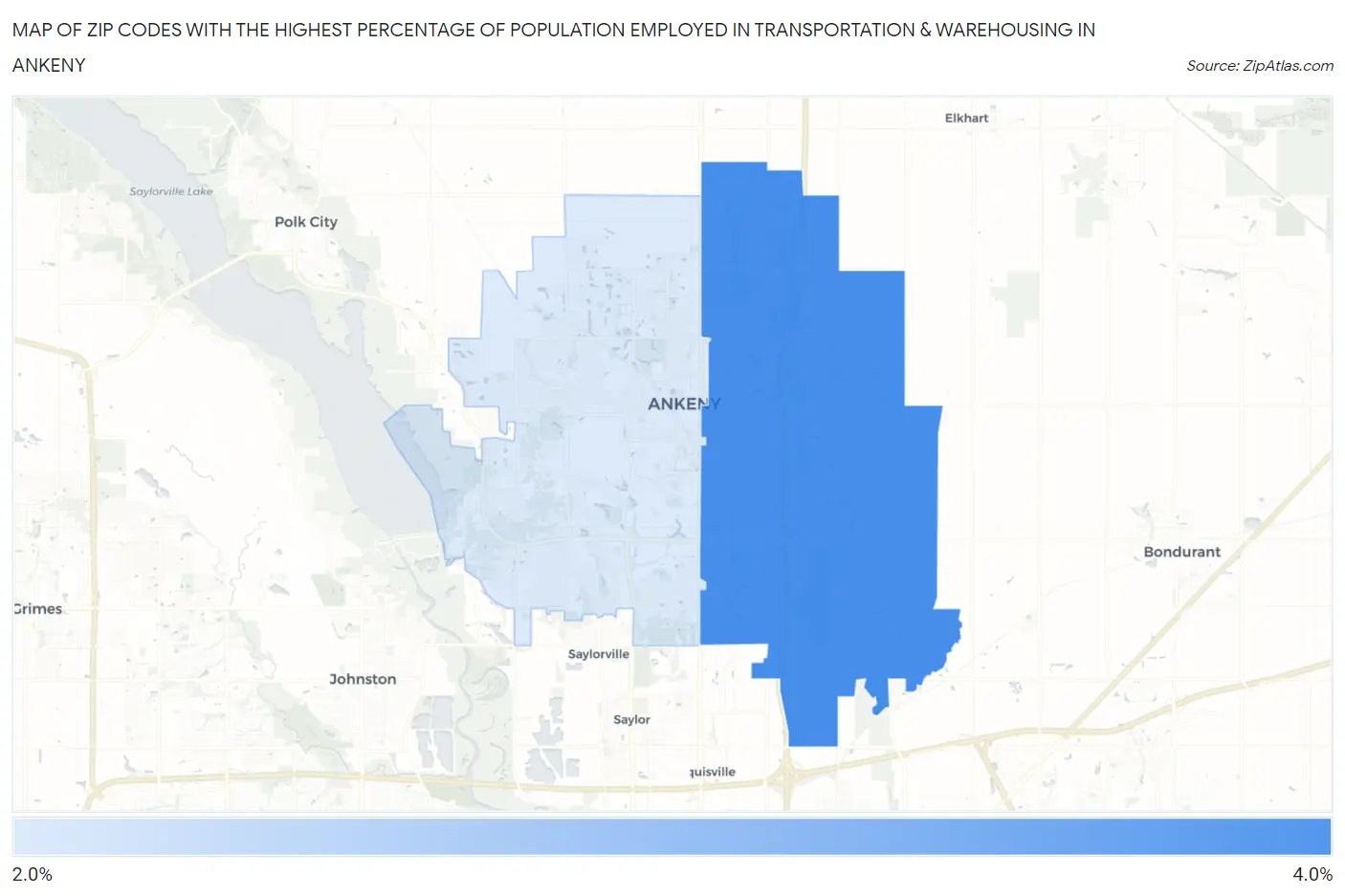 Zip Codes with the Highest Percentage of Population Employed in Transportation & Warehousing in Ankeny Map
