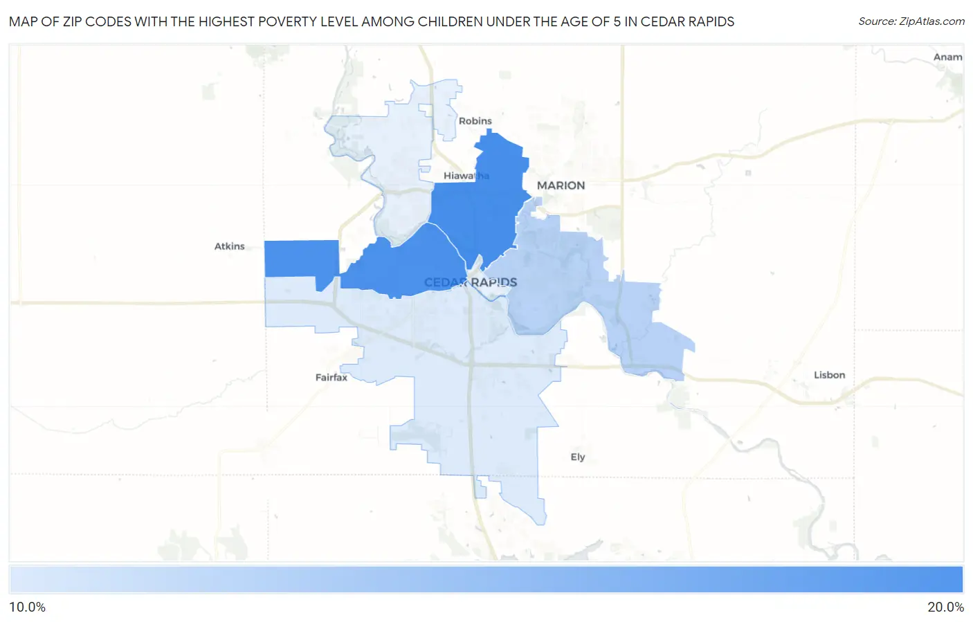Zip Codes with the Highest Poverty Level Among Children Under the Age of 5 in Cedar Rapids Map