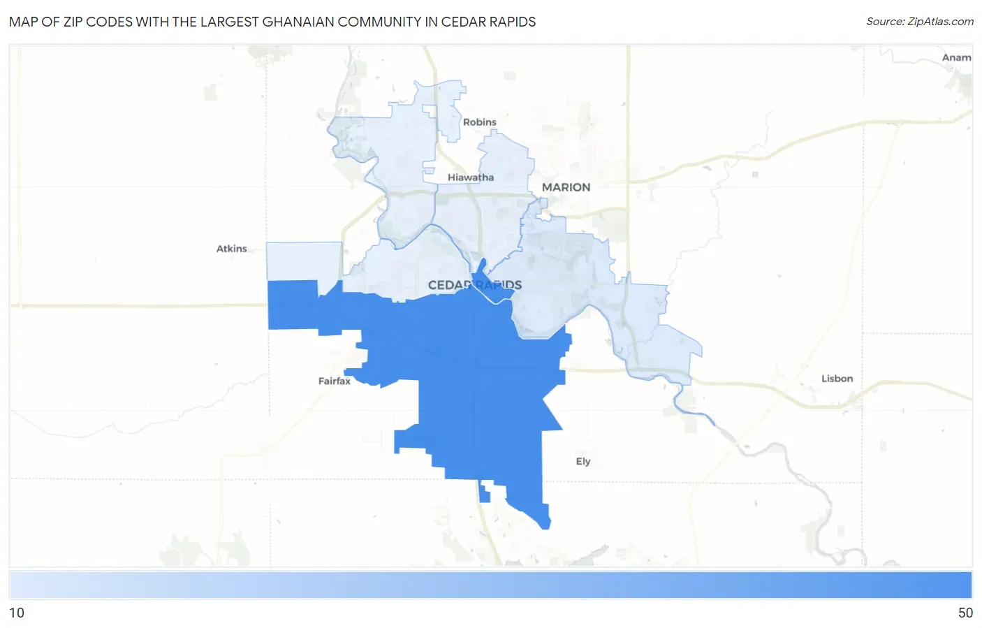 Zip Codes with the Largest Ghanaian Community in Cedar Rapids Map