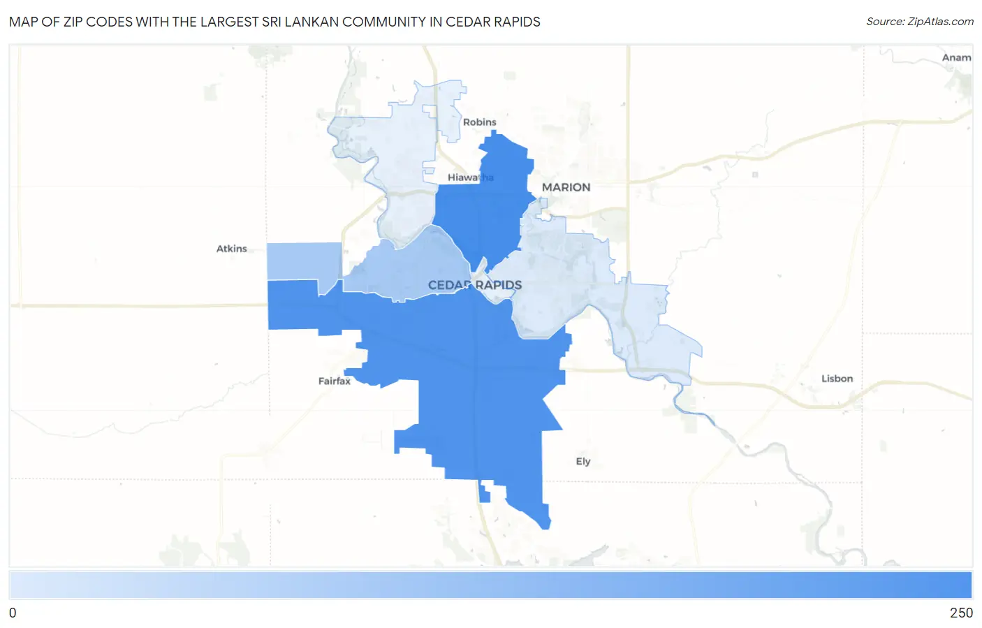 Zip Codes with the Largest Sri Lankan Community in Cedar Rapids Map