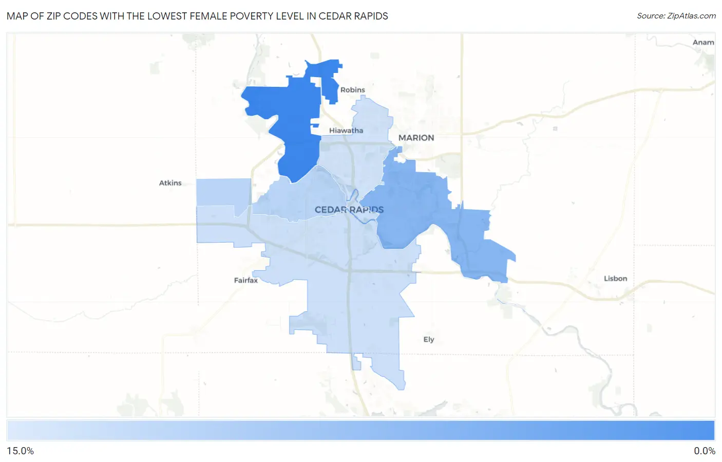 Zip Codes with the Lowest Female Poverty Level in Cedar Rapids Map