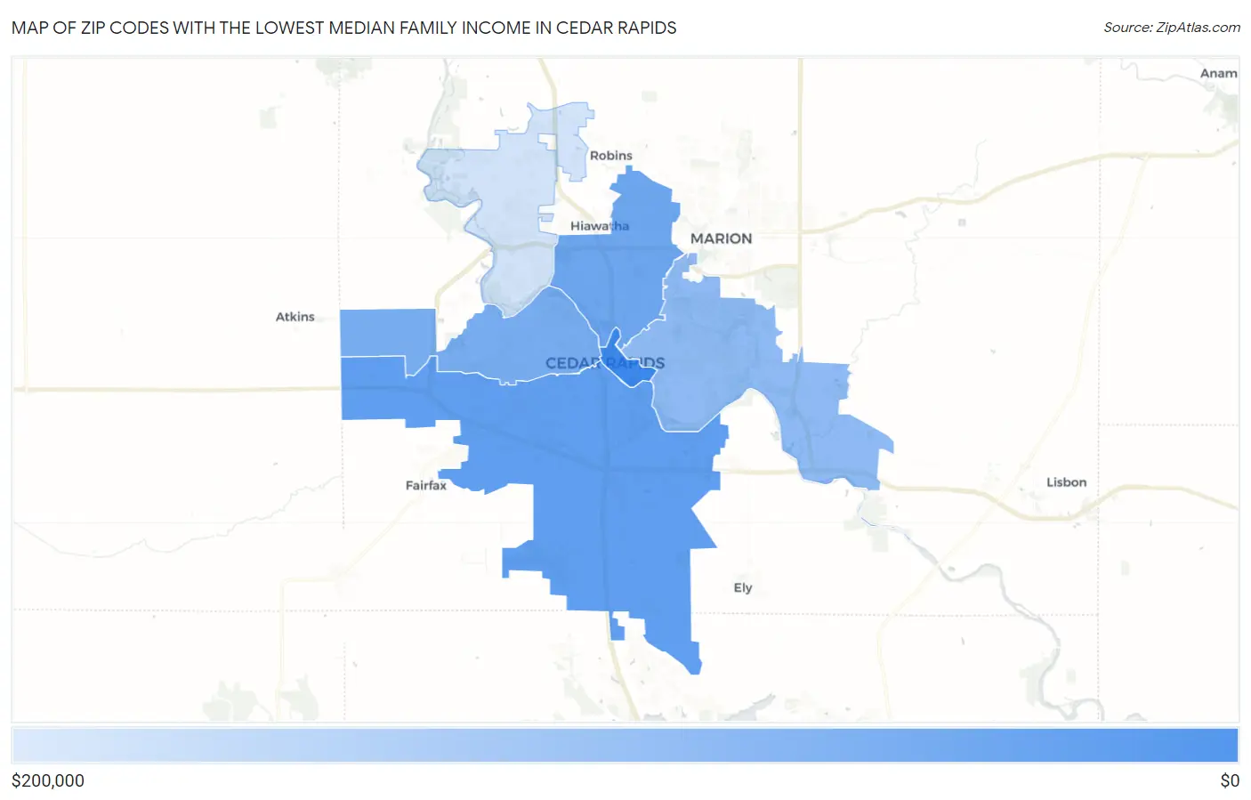 Zip Codes with the Lowest Median Family Income in Cedar Rapids Map