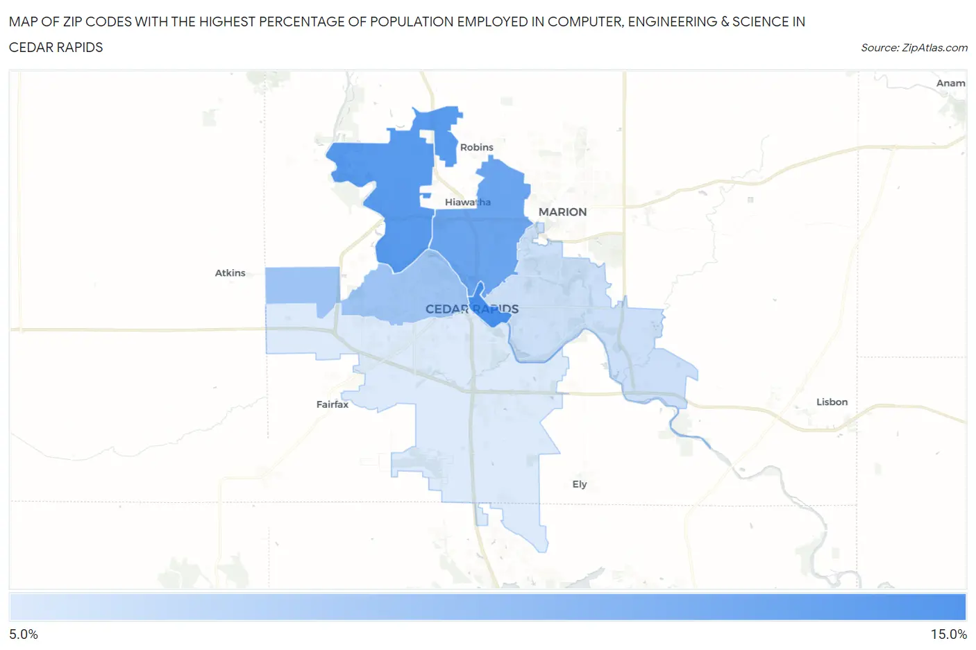 Zip Codes with the Highest Percentage of Population Employed in Computer, Engineering & Science in Cedar Rapids Map