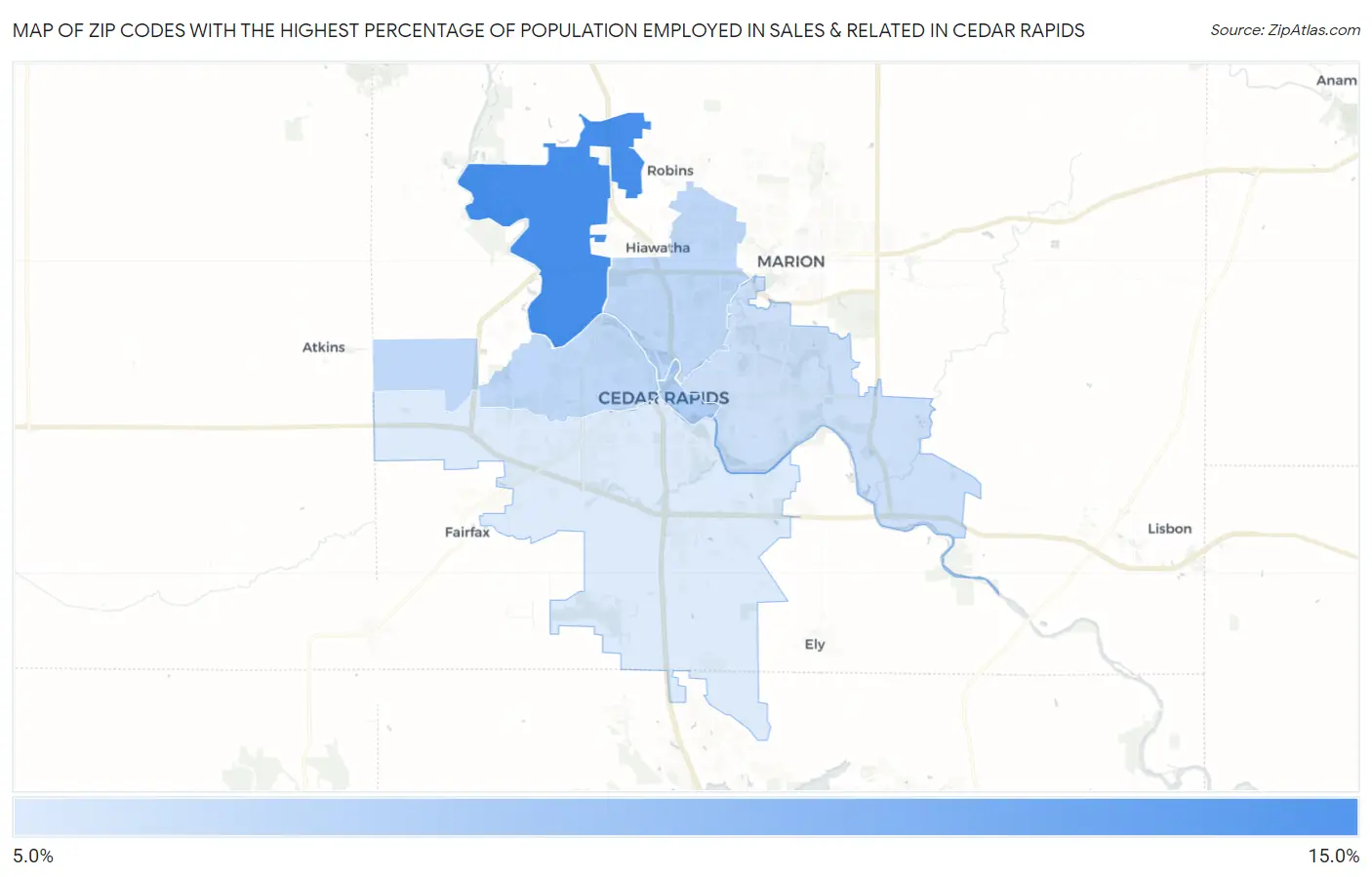 Zip Codes with the Highest Percentage of Population Employed in Sales & Related in Cedar Rapids Map