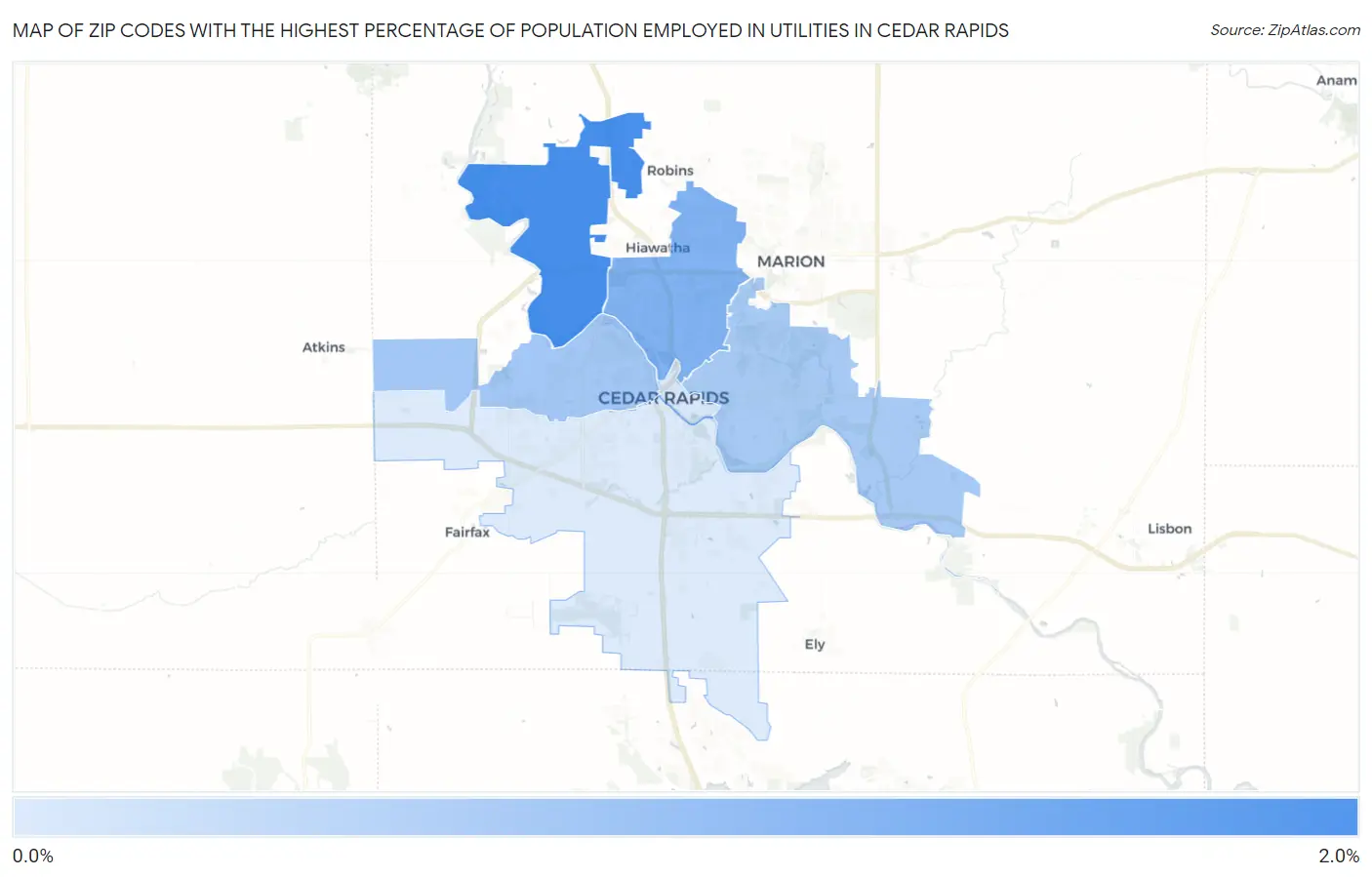 Zip Codes with the Highest Percentage of Population Employed in Utilities in Cedar Rapids Map
