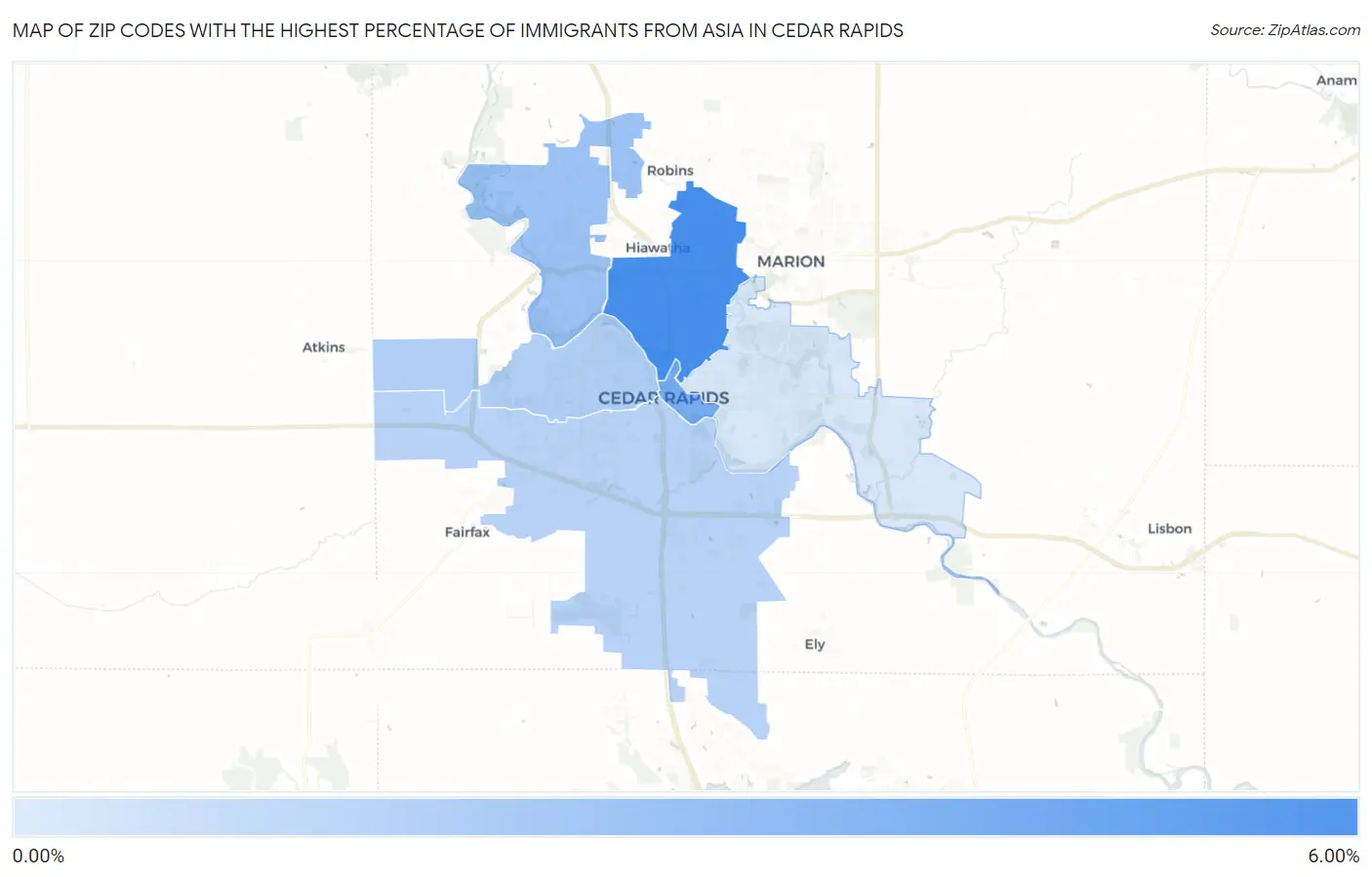 Zip Codes with the Highest Percentage of Immigrants from Asia in Cedar Rapids Map