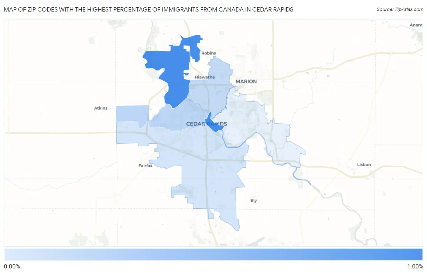Zip Codes with the Highest Percentage of Immigrants from Canada in Cedar Rapids Map