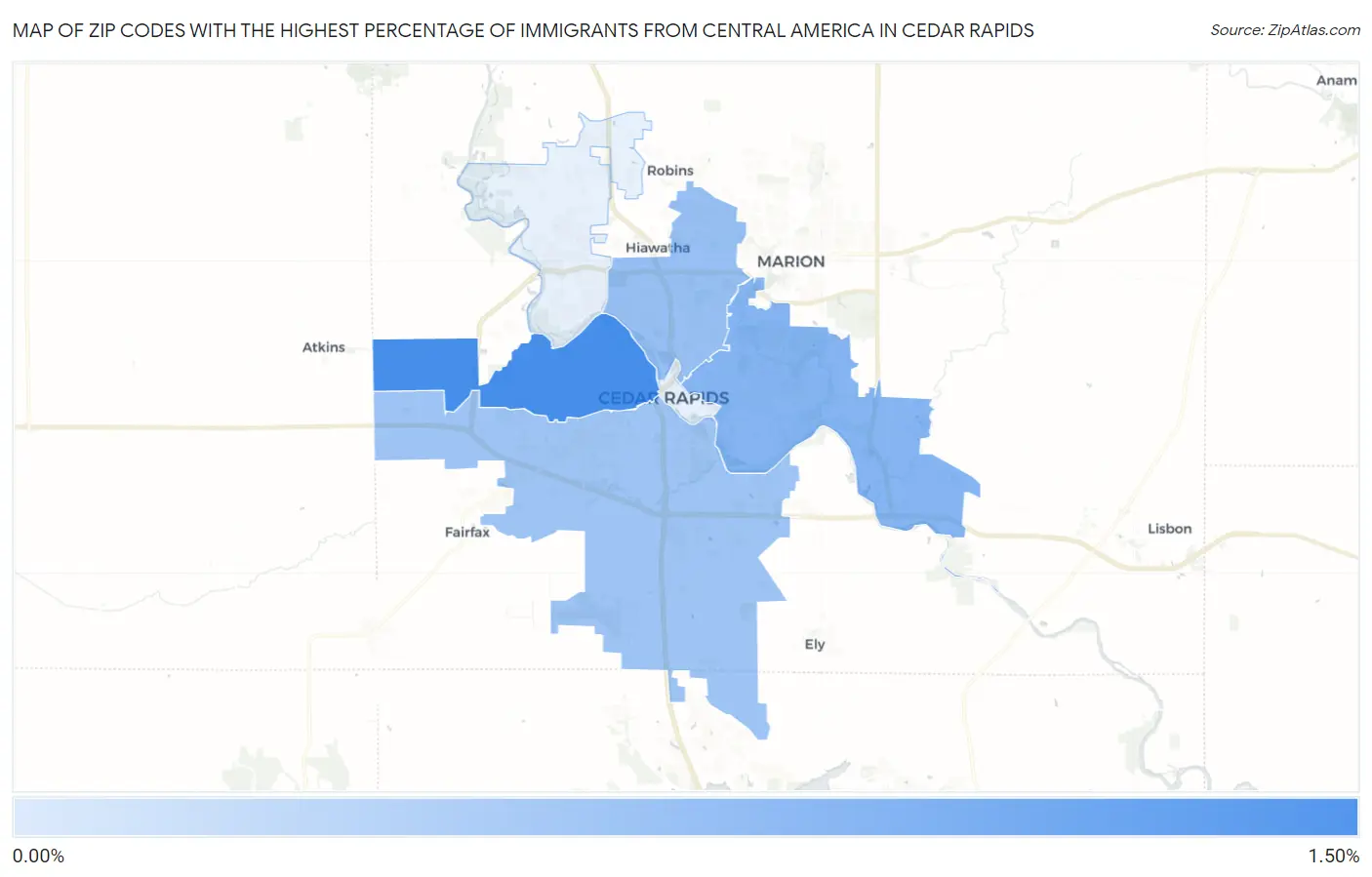 Zip Codes with the Highest Percentage of Immigrants from Central America in Cedar Rapids Map
