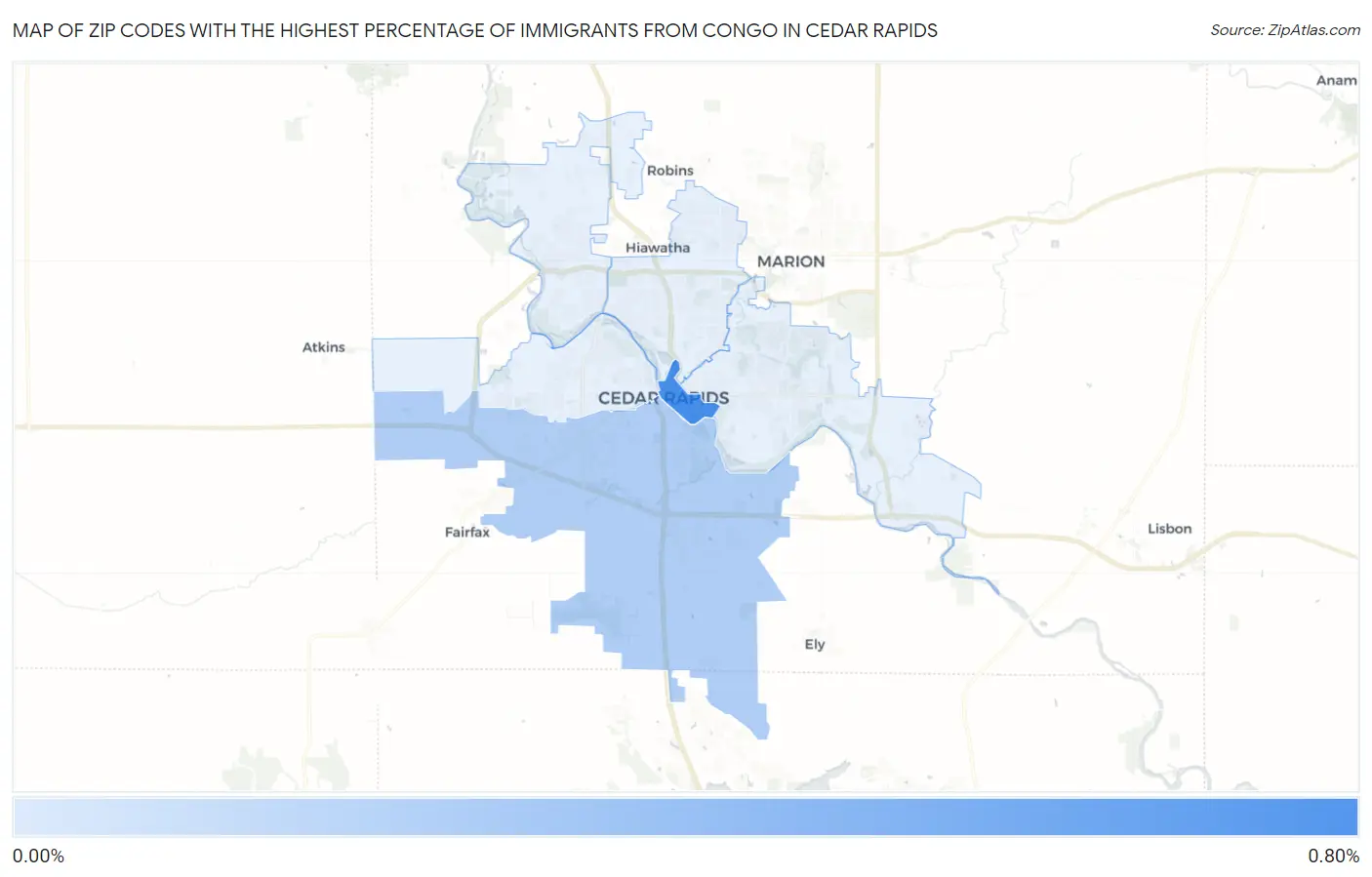 Zip Codes with the Highest Percentage of Immigrants from Congo in Cedar Rapids Map