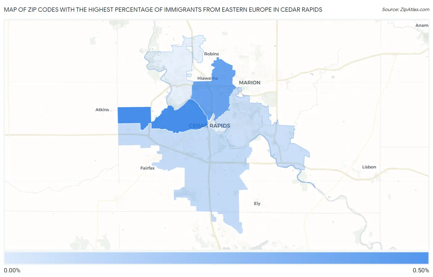 Zip Codes with the Highest Percentage of Immigrants from Eastern Europe in Cedar Rapids Map