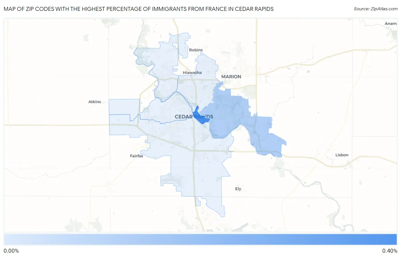 Zip Codes with the Highest Percentage of Immigrants from France in Cedar Rapids Map