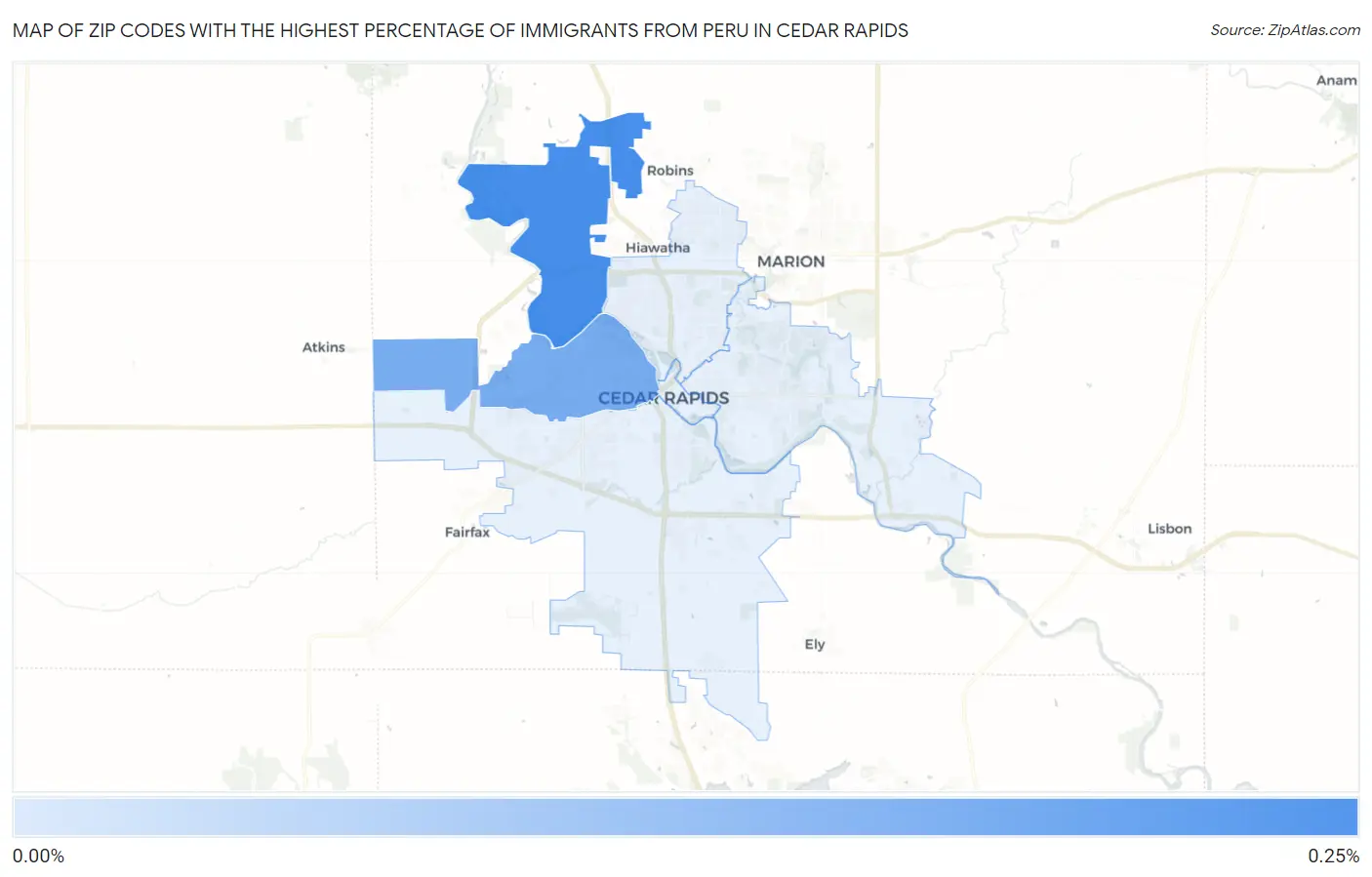 Zip Codes with the Highest Percentage of Immigrants from Peru in Cedar Rapids Map