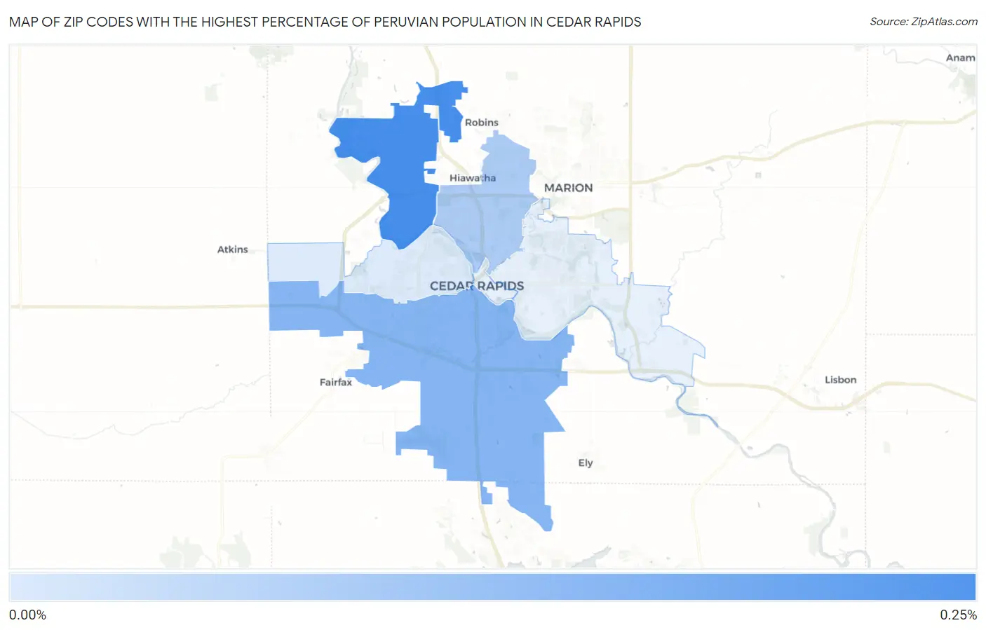 Zip Codes with the Highest Percentage of Peruvian Population in Cedar Rapids Map