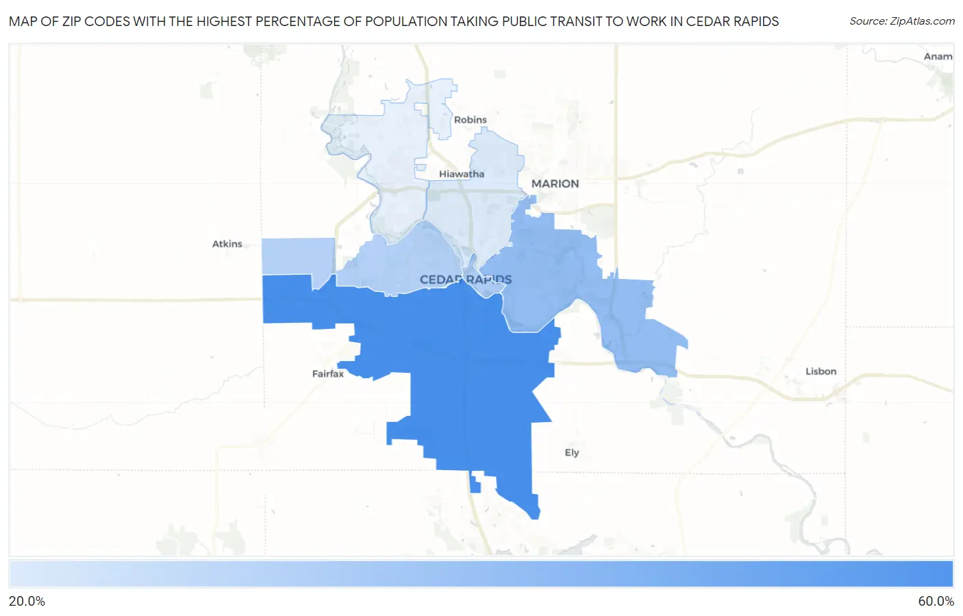Zip Codes with the Highest Percentage of Population Taking Public Transit to Work in Cedar Rapids Map