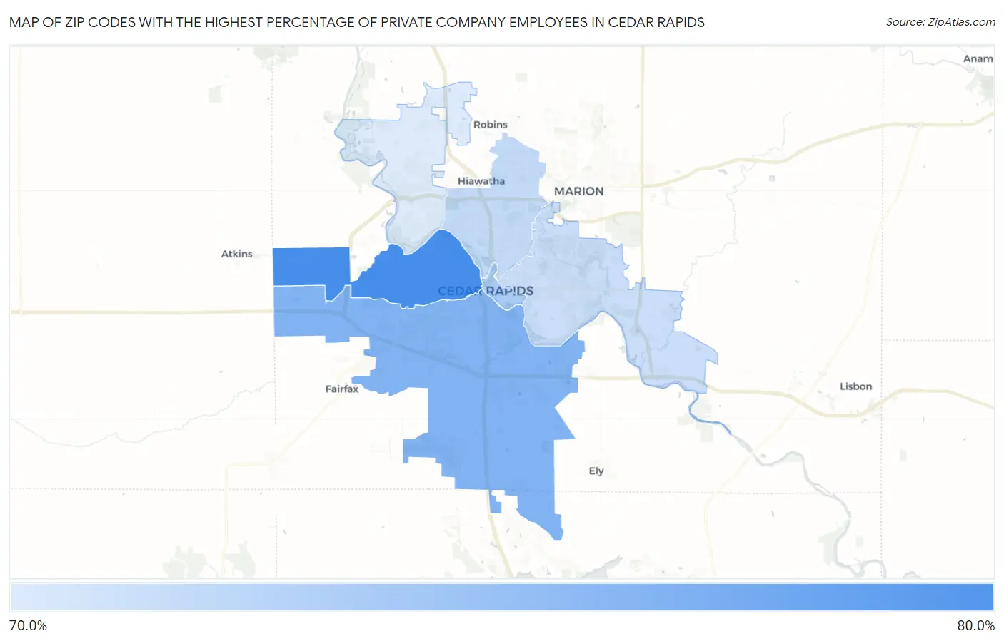 Zip Codes with the Highest Percentage of Private Company Employees in Cedar Rapids Map