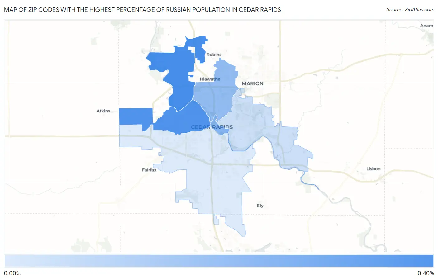 Zip Codes with the Highest Percentage of Russian Population in Cedar Rapids Map