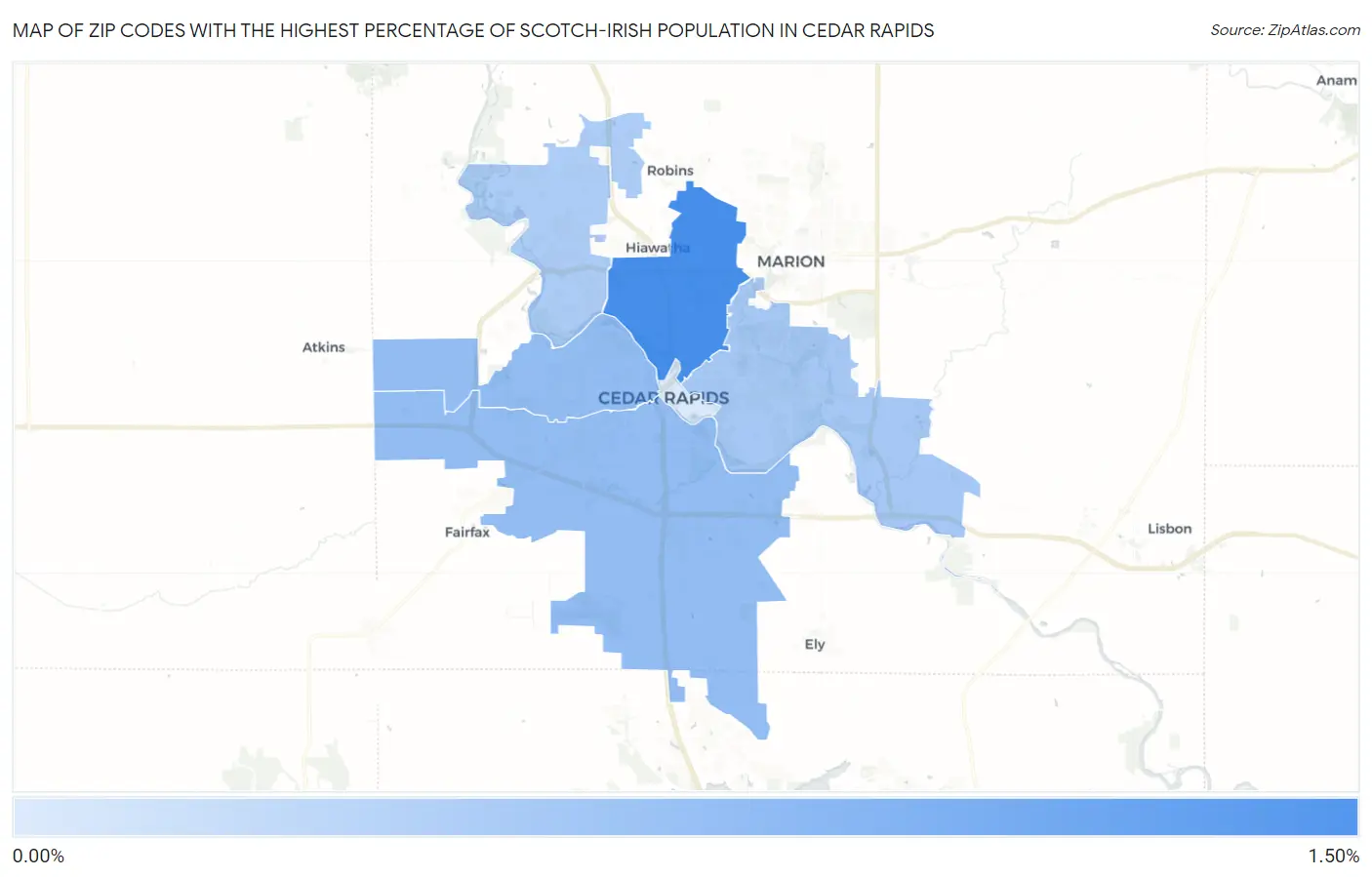 Zip Codes with the Highest Percentage of Scotch-Irish Population in Cedar Rapids Map