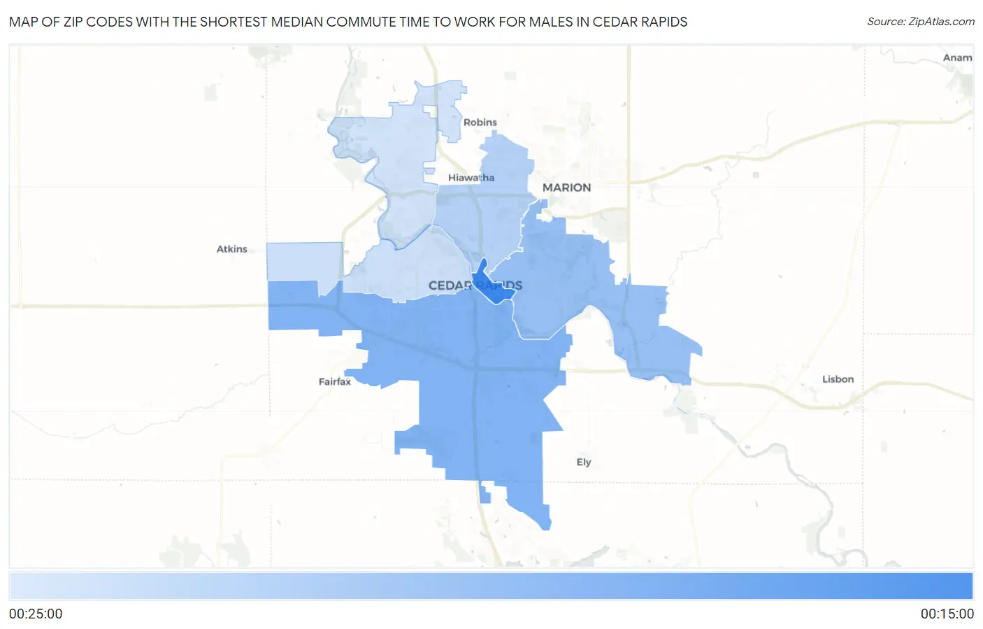 Zip Codes with the Shortest Median Commute Time to Work for Males in Cedar Rapids Map