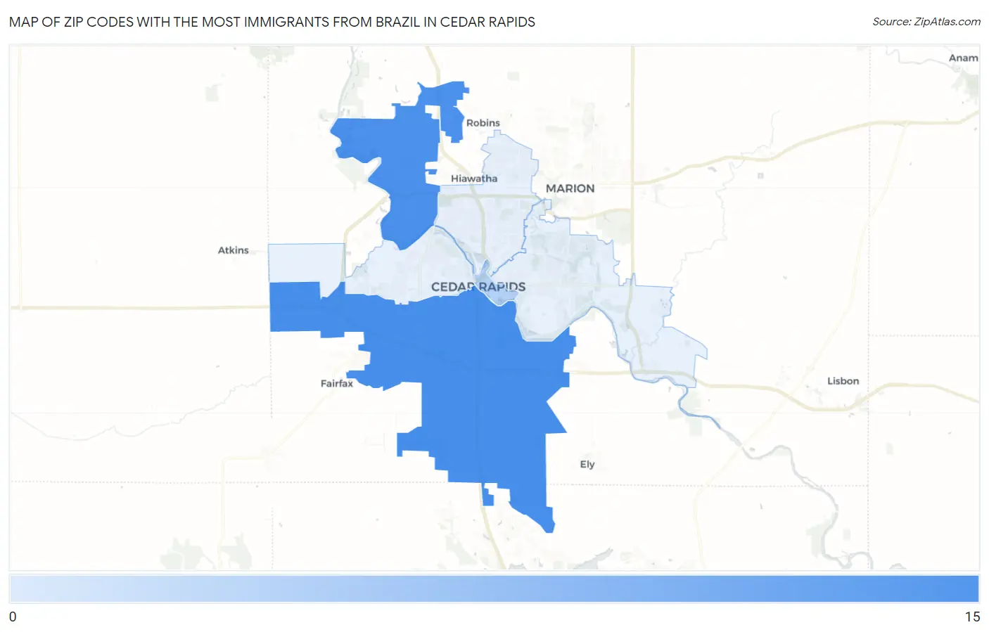 Zip Codes with the Most Immigrants from Brazil in Cedar Rapids Map