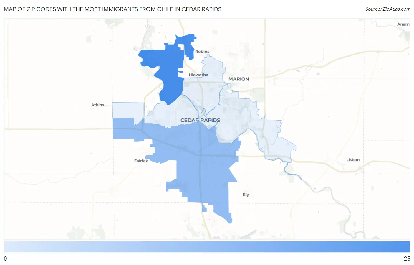 Zip Codes with the Most Immigrants from Chile in Cedar Rapids Map