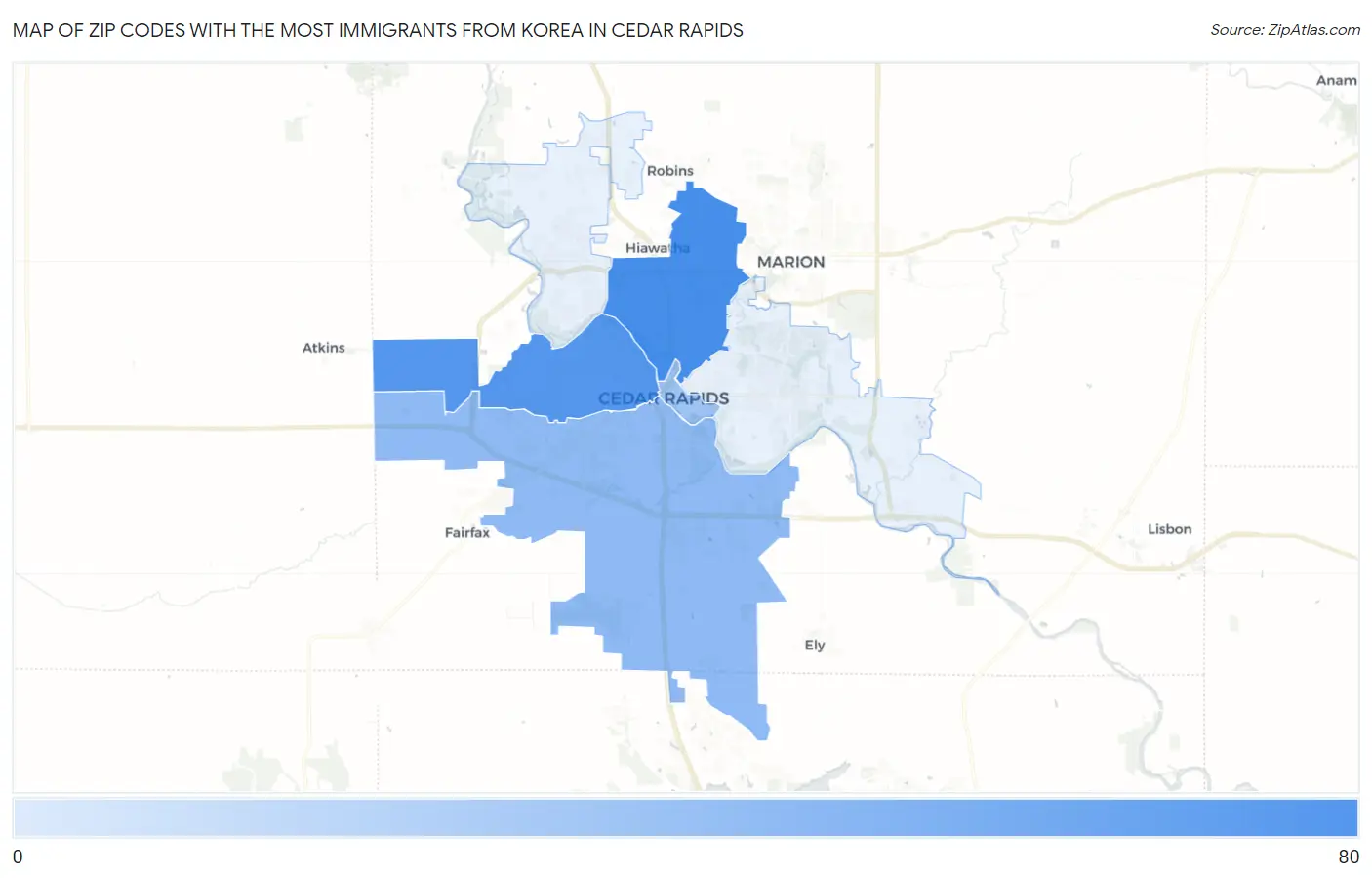 Zip Codes with the Most Immigrants from Korea in Cedar Rapids Map