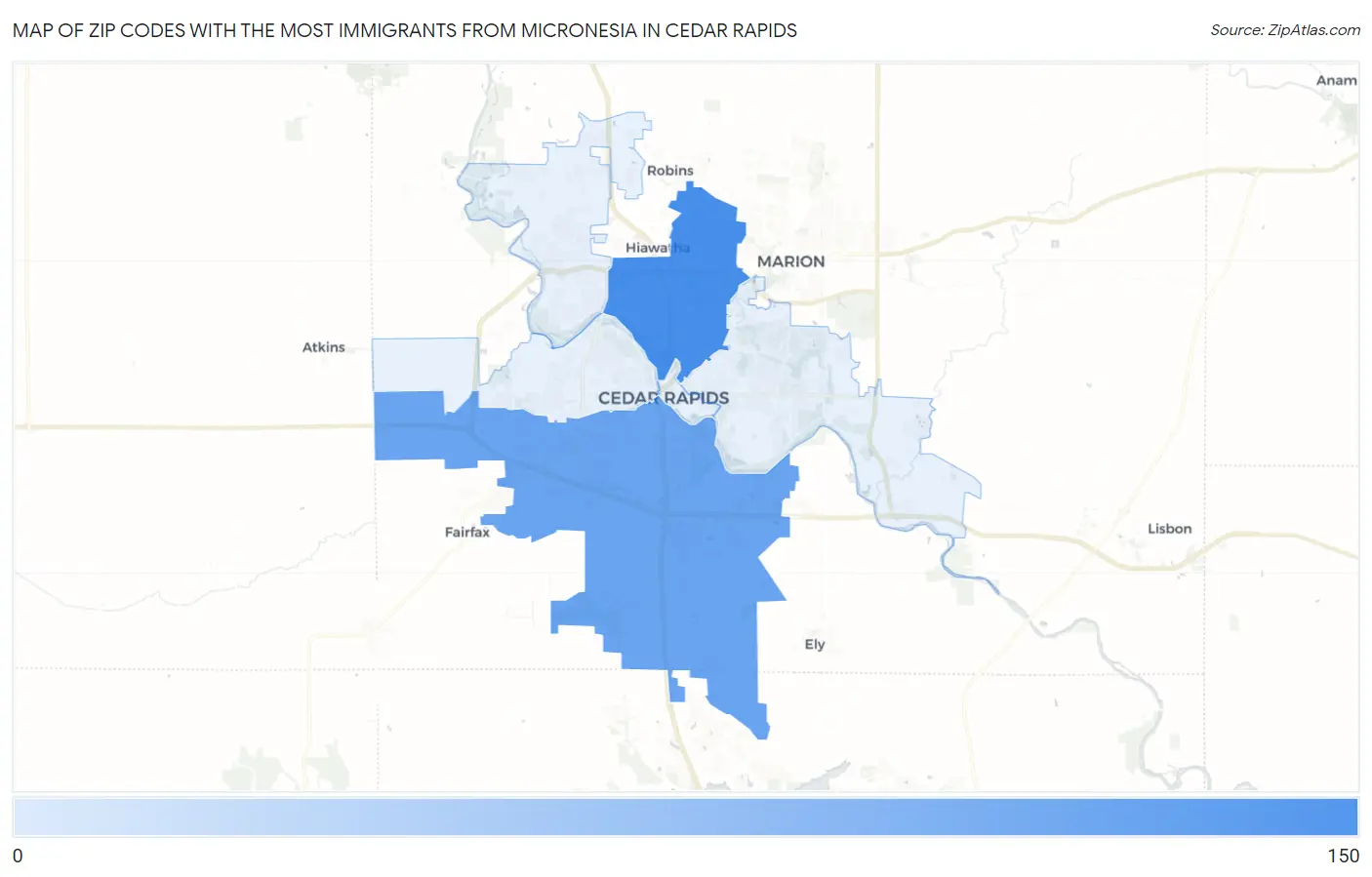 Zip Codes with the Most Immigrants from Micronesia in Cedar Rapids Map