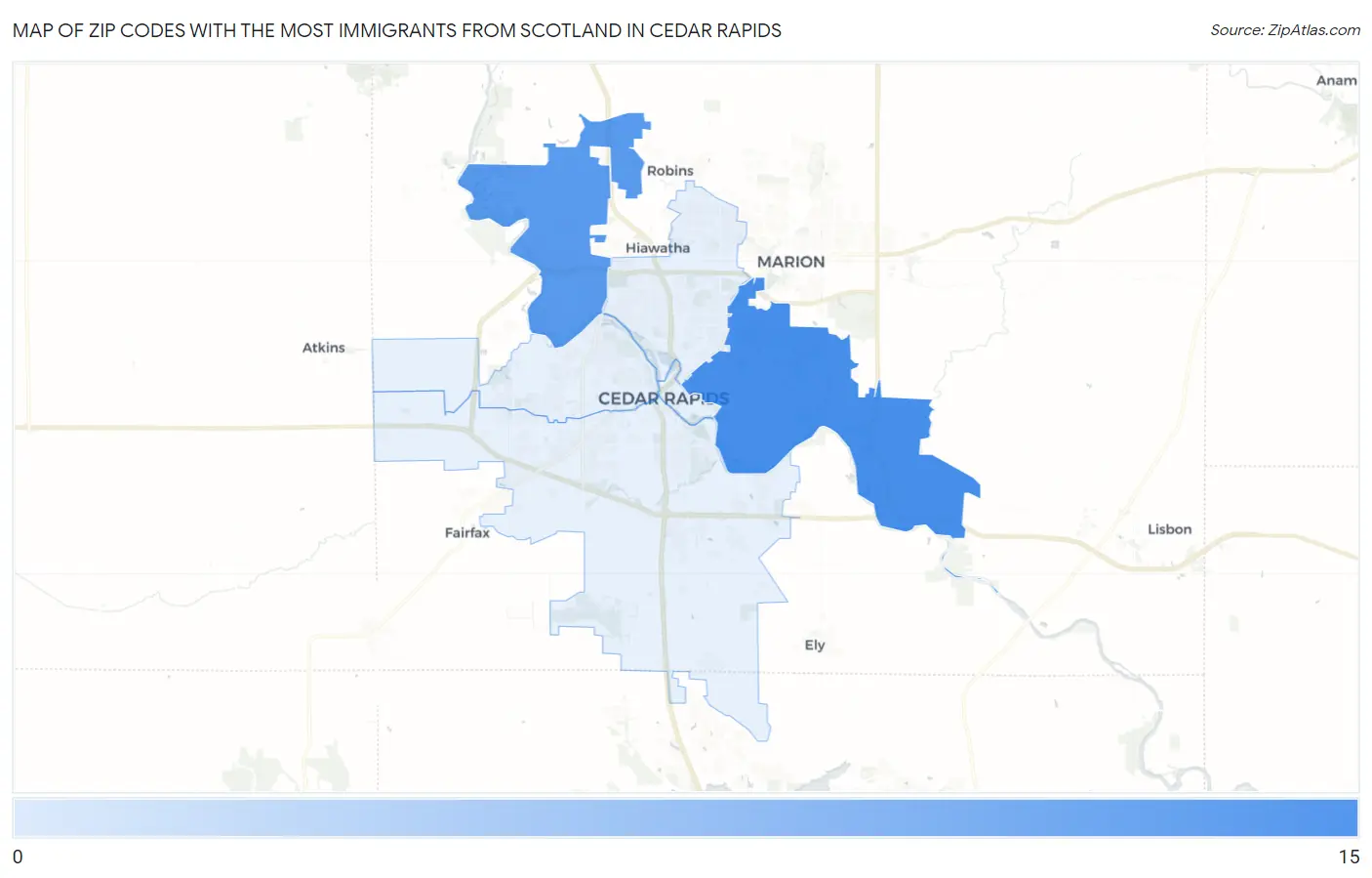 Zip Codes with the Most Immigrants from Scotland in Cedar Rapids Map