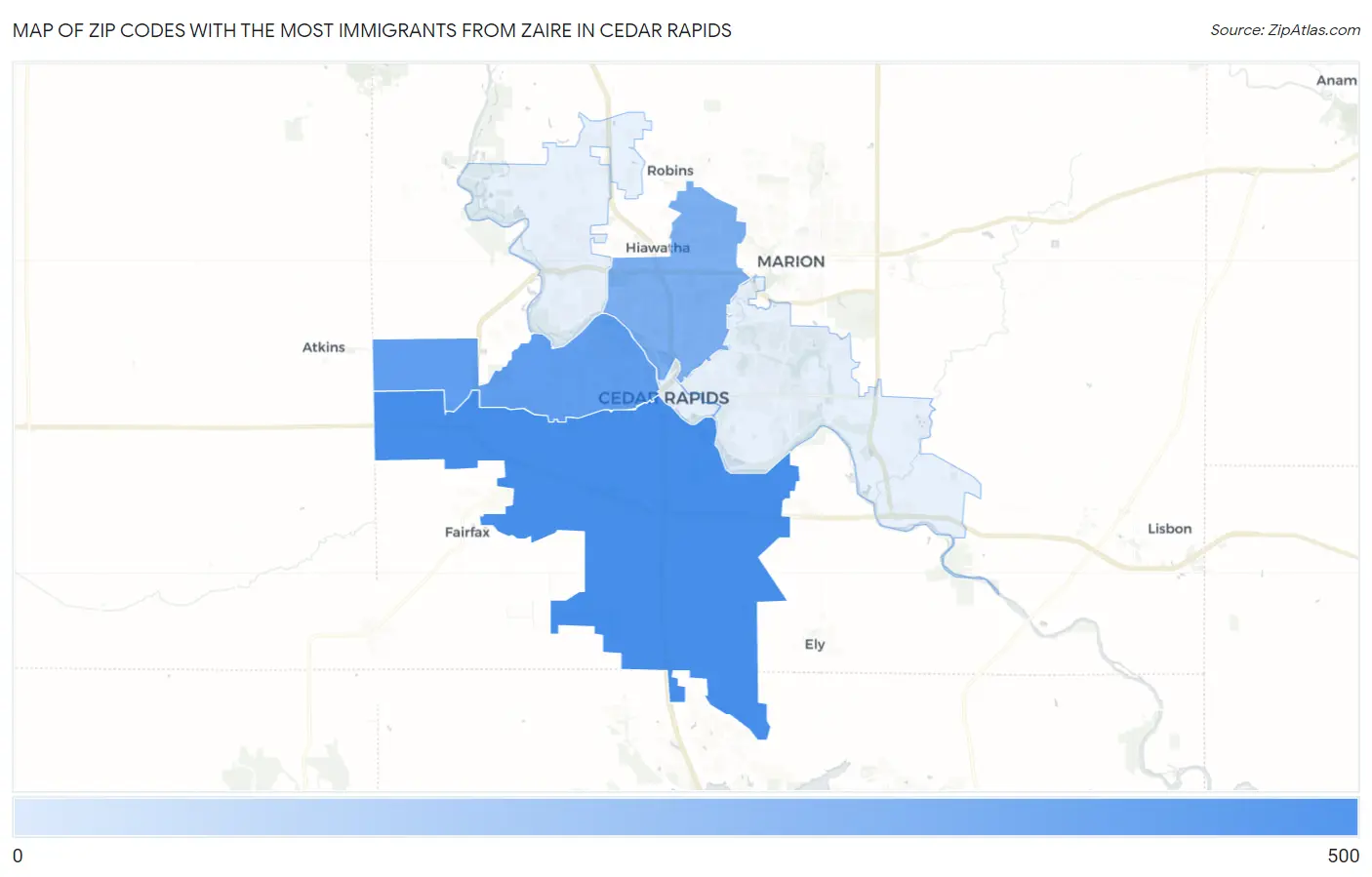 Zip Codes with the Most Immigrants from Zaire in Cedar Rapids Map